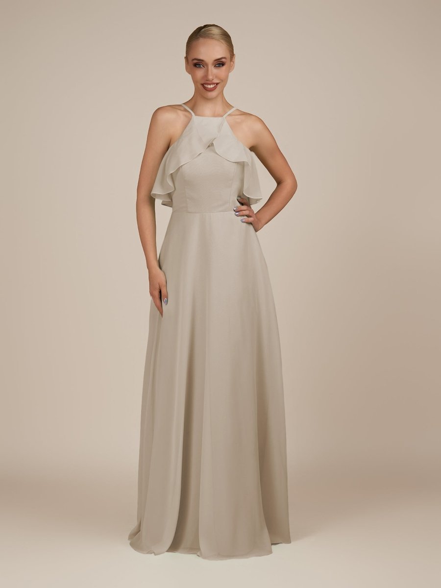 KissDress-Wynne Frost A Line Chiffon Halter Neck Ruffled Overlay Long Bridesmaid Dress