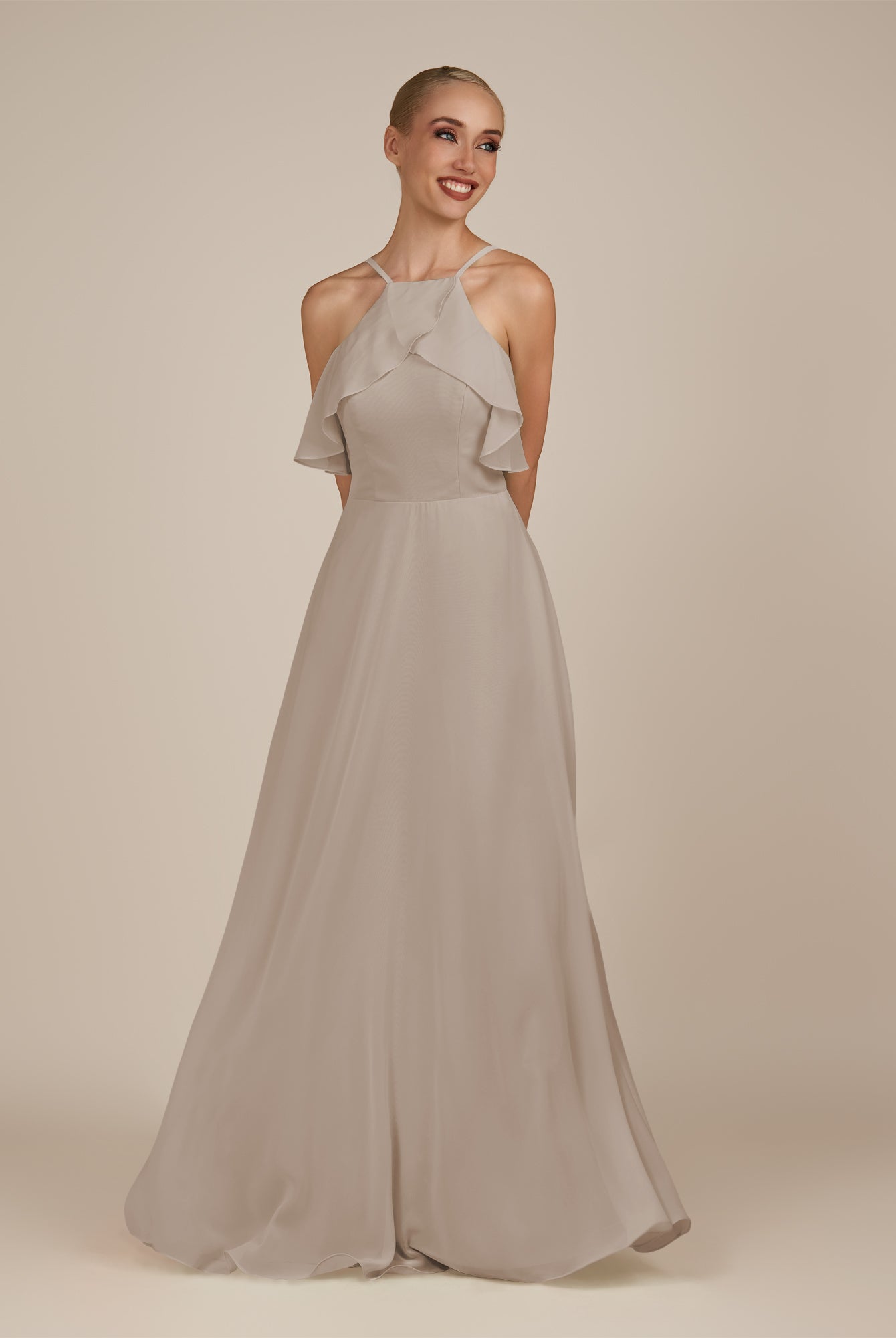 KissDress-Wynne Frost A Line Chiffon Halter Neck Ruffled Overlay Long Bridesmaid Dress