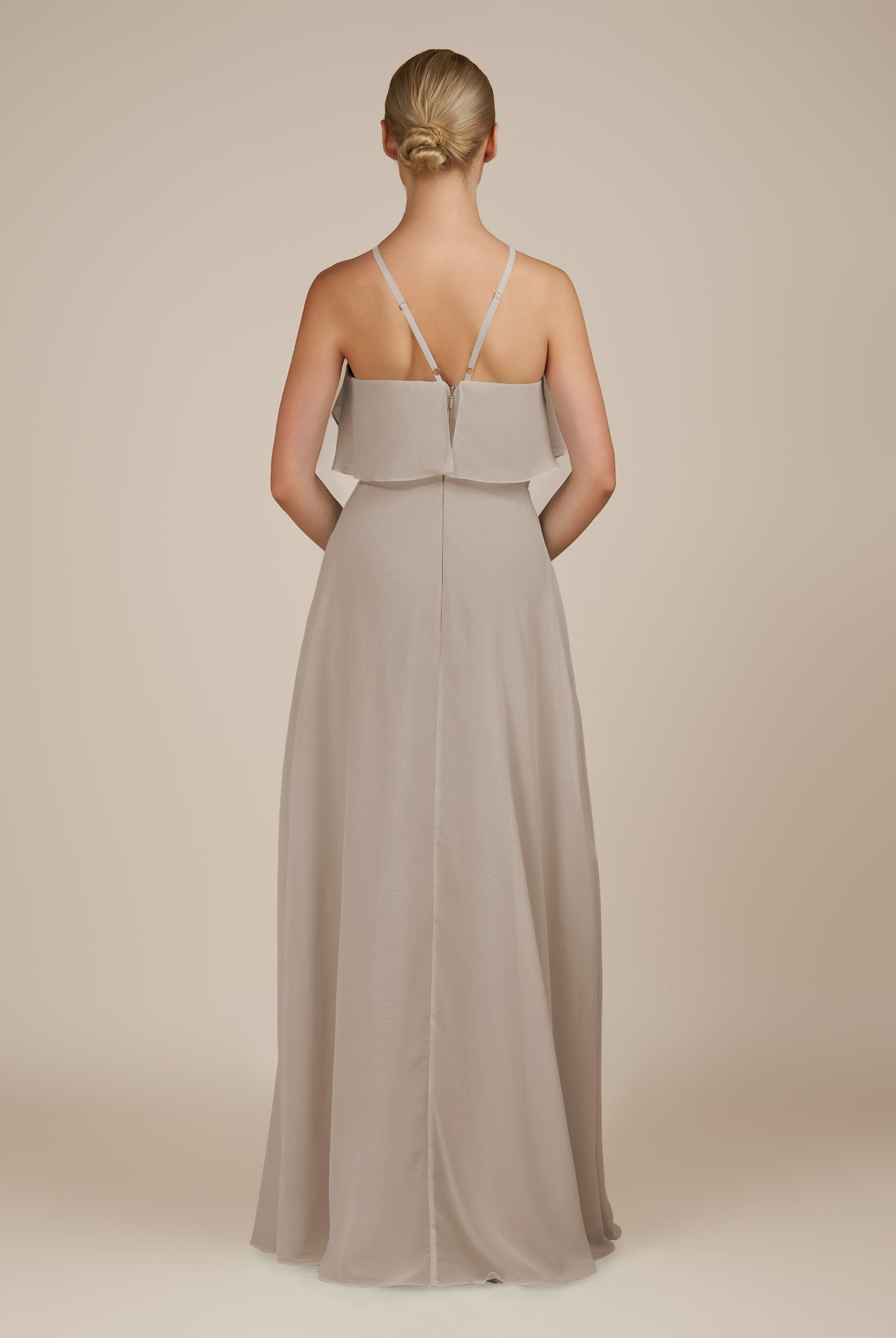 KissDress-Wynne Frost A Line Chiffon Halter Neck Ruffled Overlay Long Bridesmaid Dress
