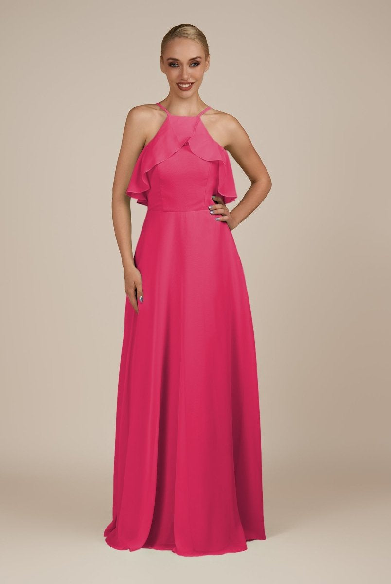 KissDress-Wynne Fuchsia A Line Chiffon Halter Neck Ruffled Overlay Long Bridesmaid Dress
