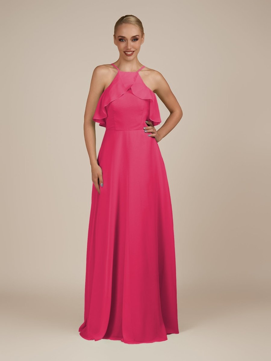 KissDress-Wynne Fuchsia A Line Chiffon Halter Neck Ruffled Overlay Long Bridesmaid Dress