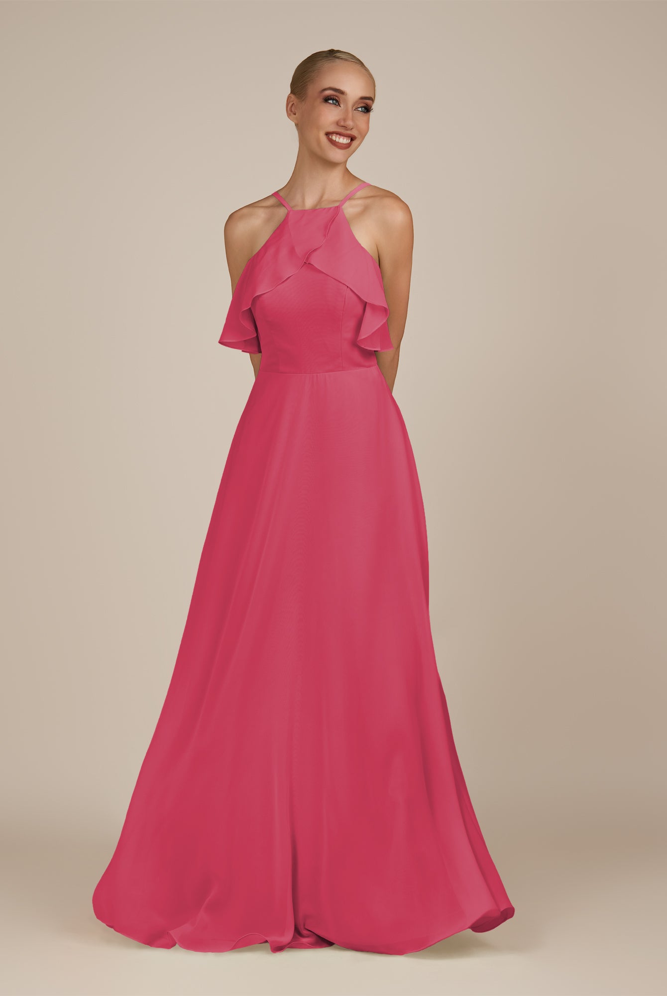 KissDress-Wynne Fuchsia A Line Chiffon Halter Neck Ruffled Overlay Long Bridesmaid Dress