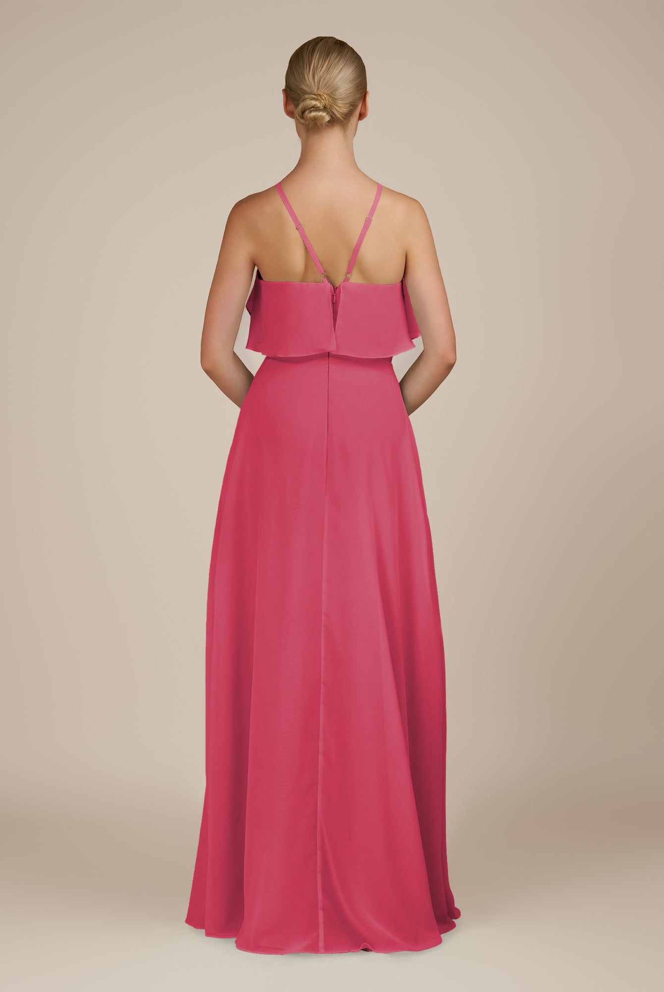 KissDress-Wynne Fuchsia A Line Chiffon Halter Neck Ruffled Overlay Long Bridesmaid Dress