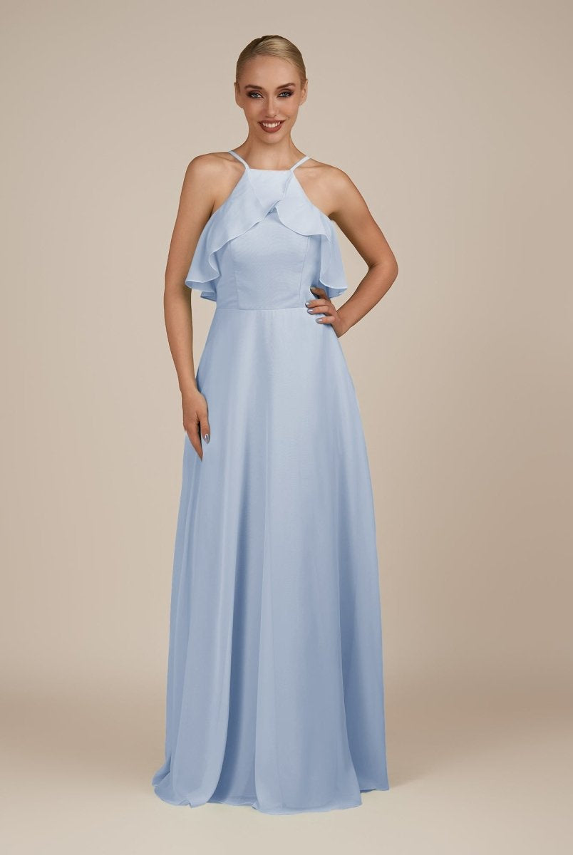 KissDress-Wynne Ice A Line Chiffon Halter Neck Ruffled Overlay Long Bridesmaid Dress