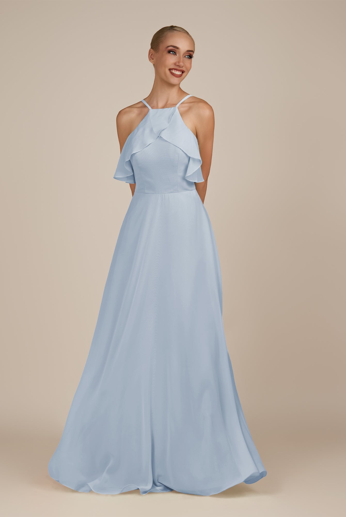 KissDress-Wynne Ice A Line Chiffon Halter Neck Ruffled Overlay Long Bridesmaid Dress