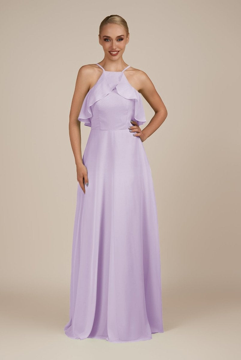 KissDress-Wynne Lavender A Line Chiffon Halter Neck Ruffled Overlay Long Bridesmaid Dress