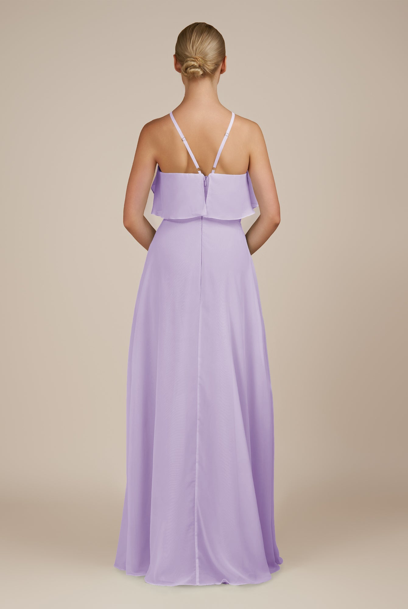 KissDress-Wynne Lavender A Line Chiffon Halter Neck Ruffled Overlay Long Bridesmaid Dress