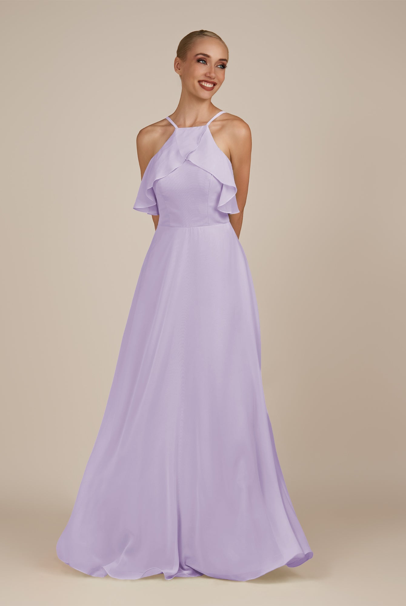 KissDress-Wynne Lavender A Line Chiffon Halter Neck Ruffled Overlay Long Bridesmaid Dress