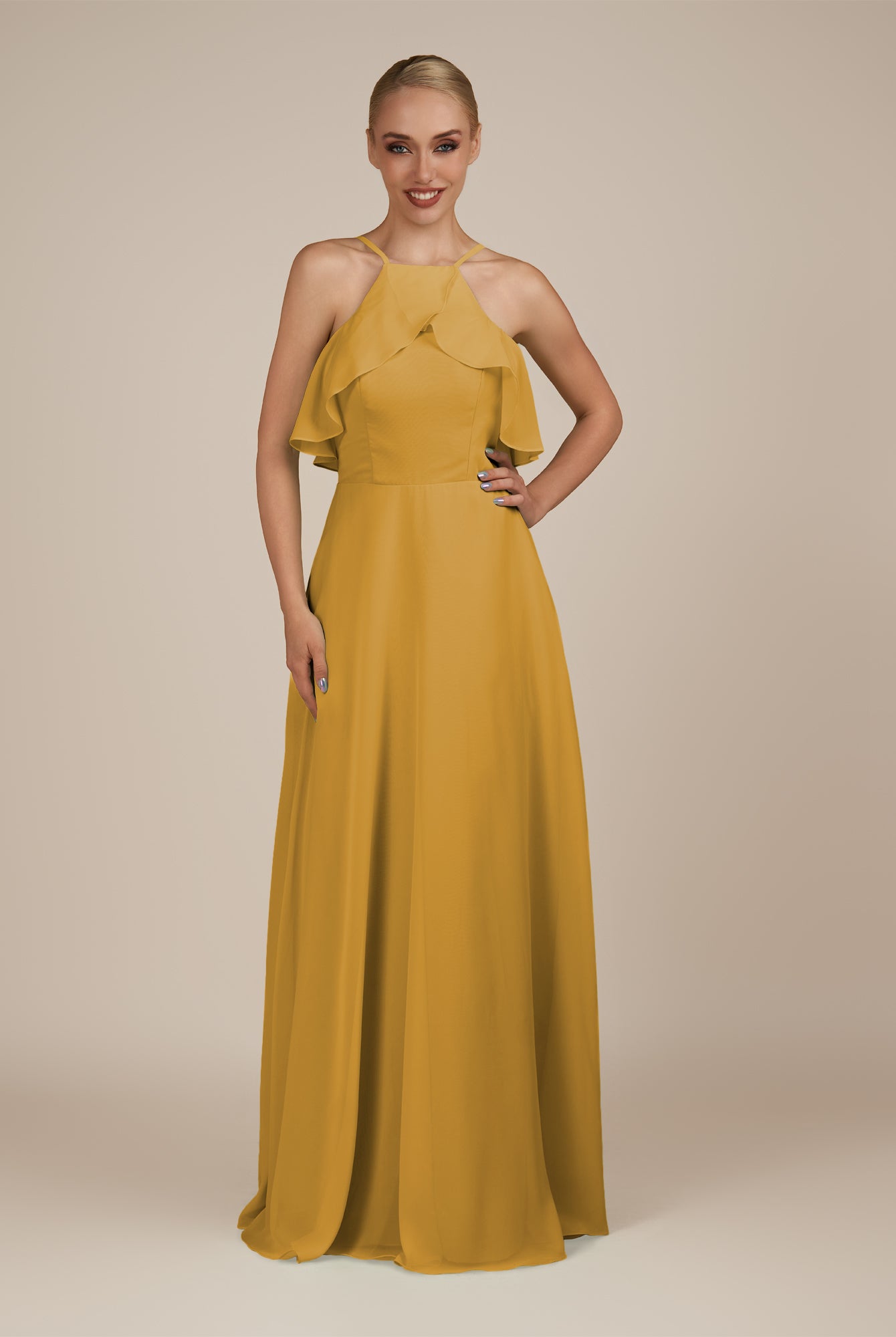 KissDress-Wynne Marigold A Line Chiffon Halter Neck Ruffled Overlay Long Bridesmaid Dress