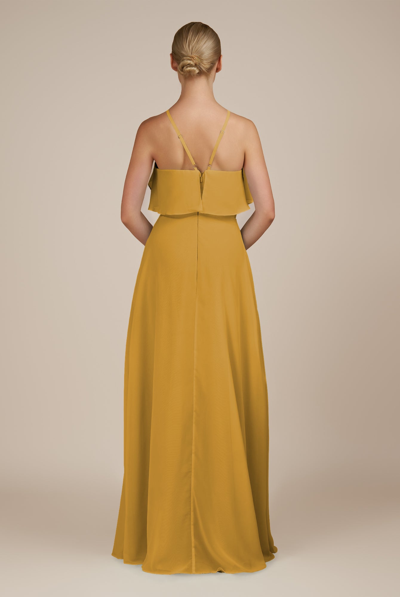 KissDress-Wynne Marigold A Line Chiffon Halter Neck Ruffled Overlay Long Bridesmaid Dress