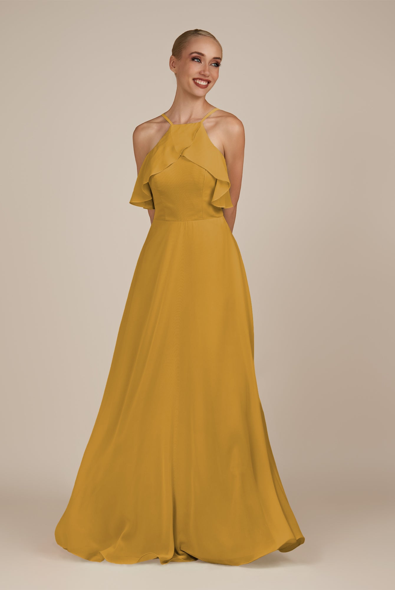 KissDress-Wynne Marigold A Line Chiffon Halter Neck Ruffled Overlay Long Bridesmaid Dress