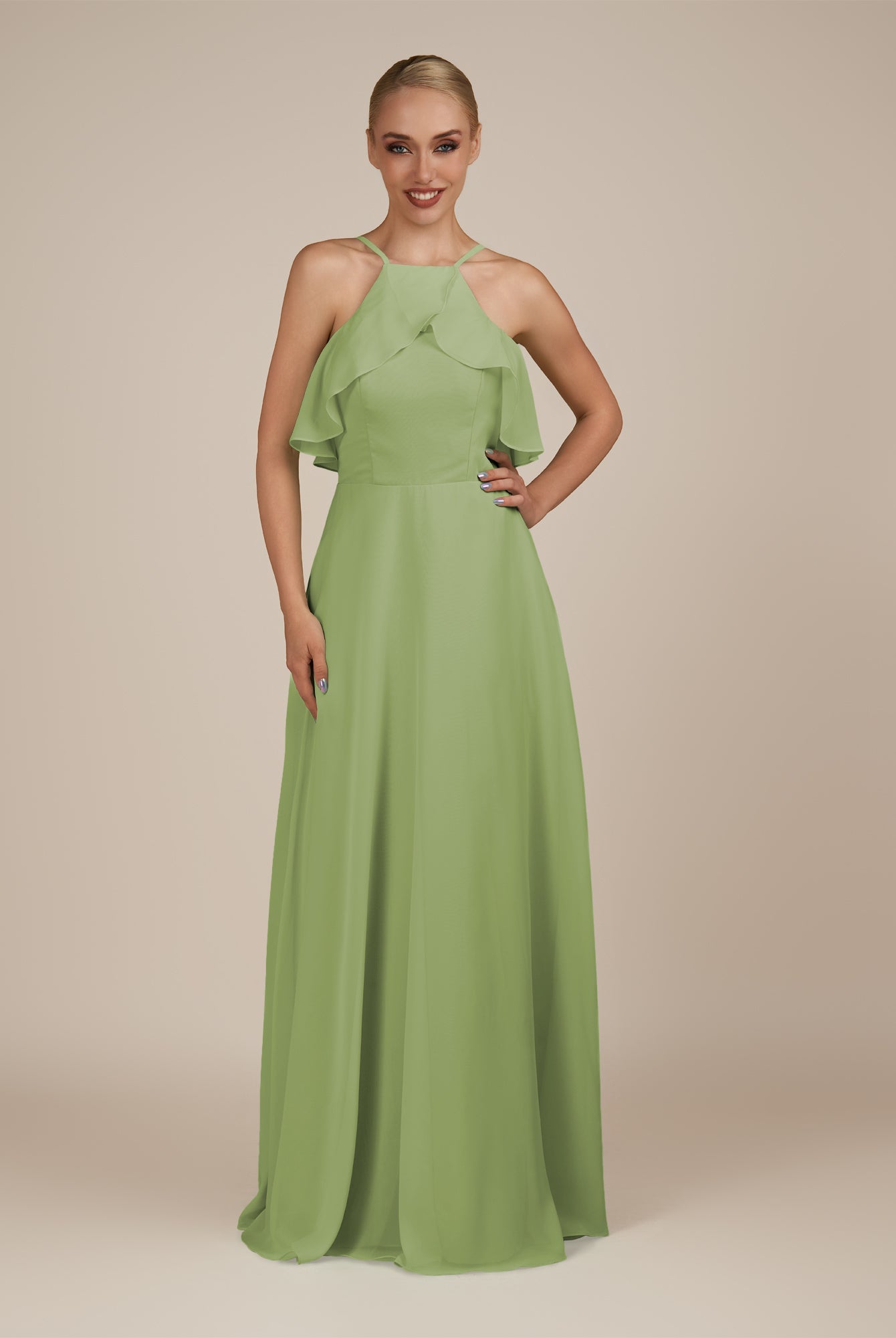 KissDress-Wynne Matcha A Line Chiffon Halter Neck Ruffled Overlay Long Bridesmaid Dress