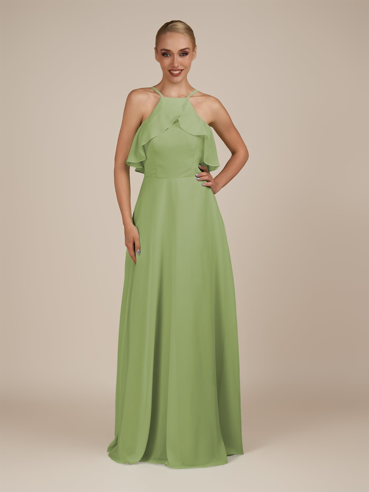 KissDress-Wynne Matcha A Line Chiffon Halter Neck Ruffled Overlay Long Bridesmaid Dress