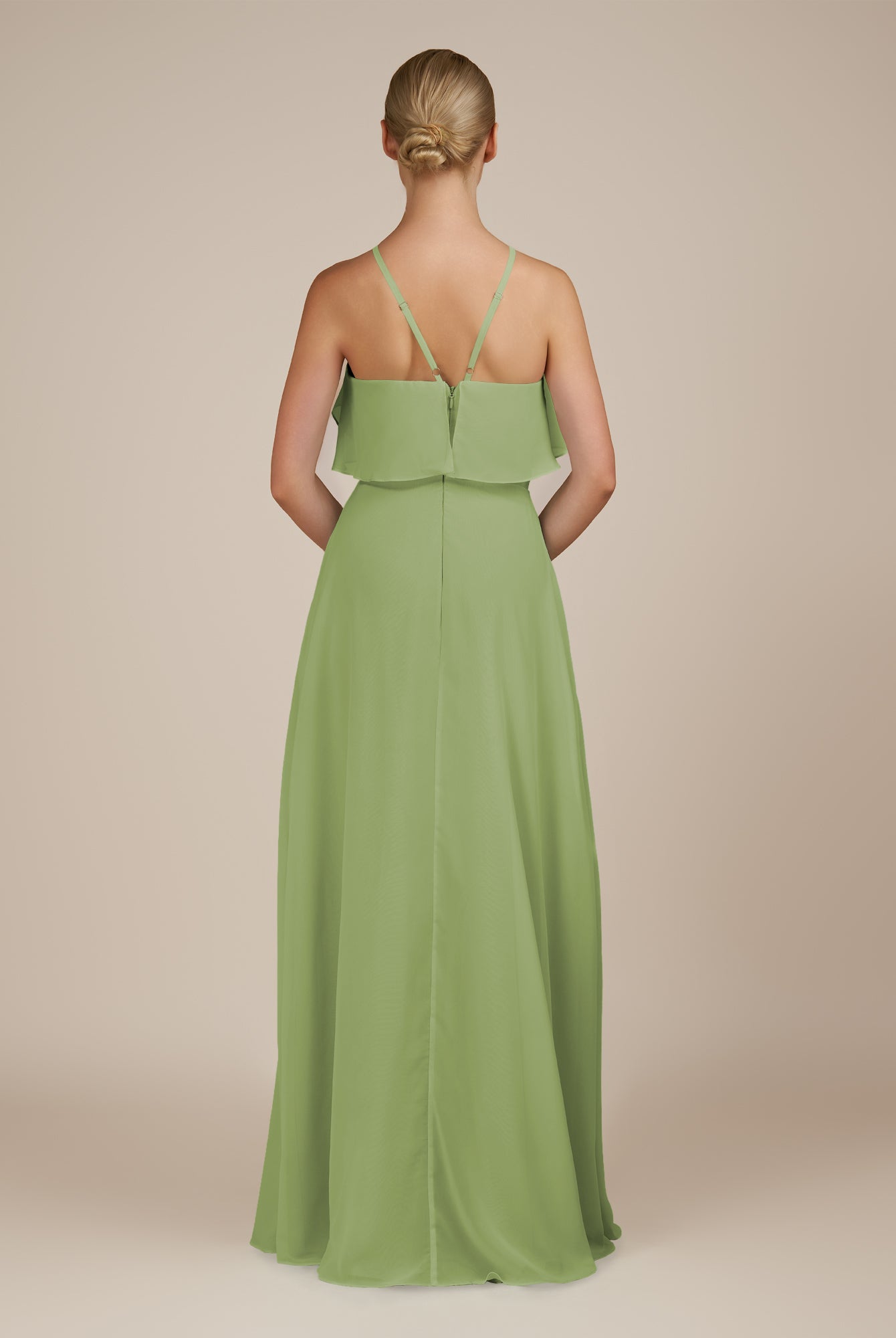 KissDress-Wynne Matcha A Line Chiffon Halter Neck Ruffled Overlay Long Bridesmaid Dress