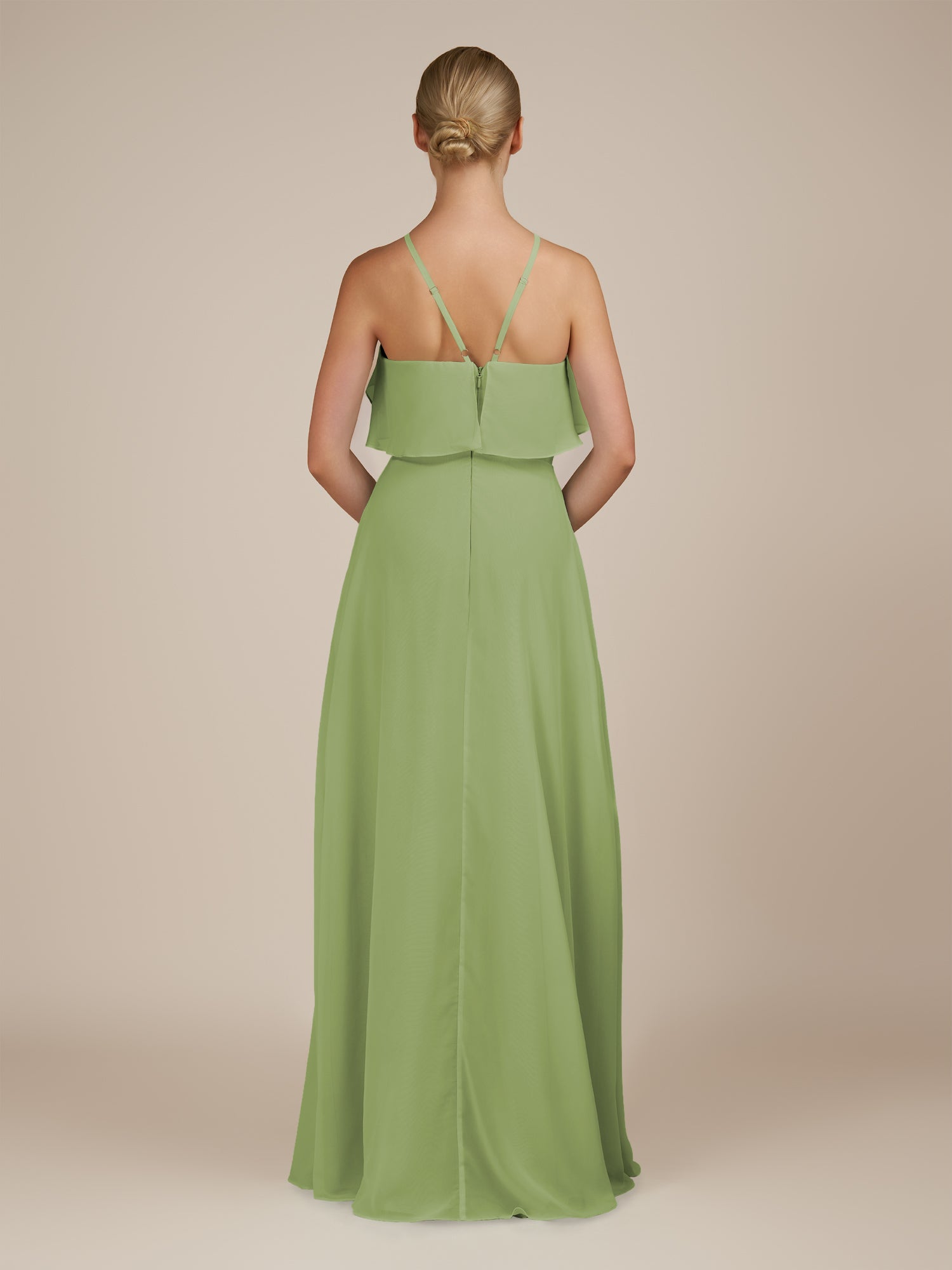 KissDress-Wynne Matcha A Line Chiffon Halter Neck Ruffled Overlay Long Bridesmaid Dress