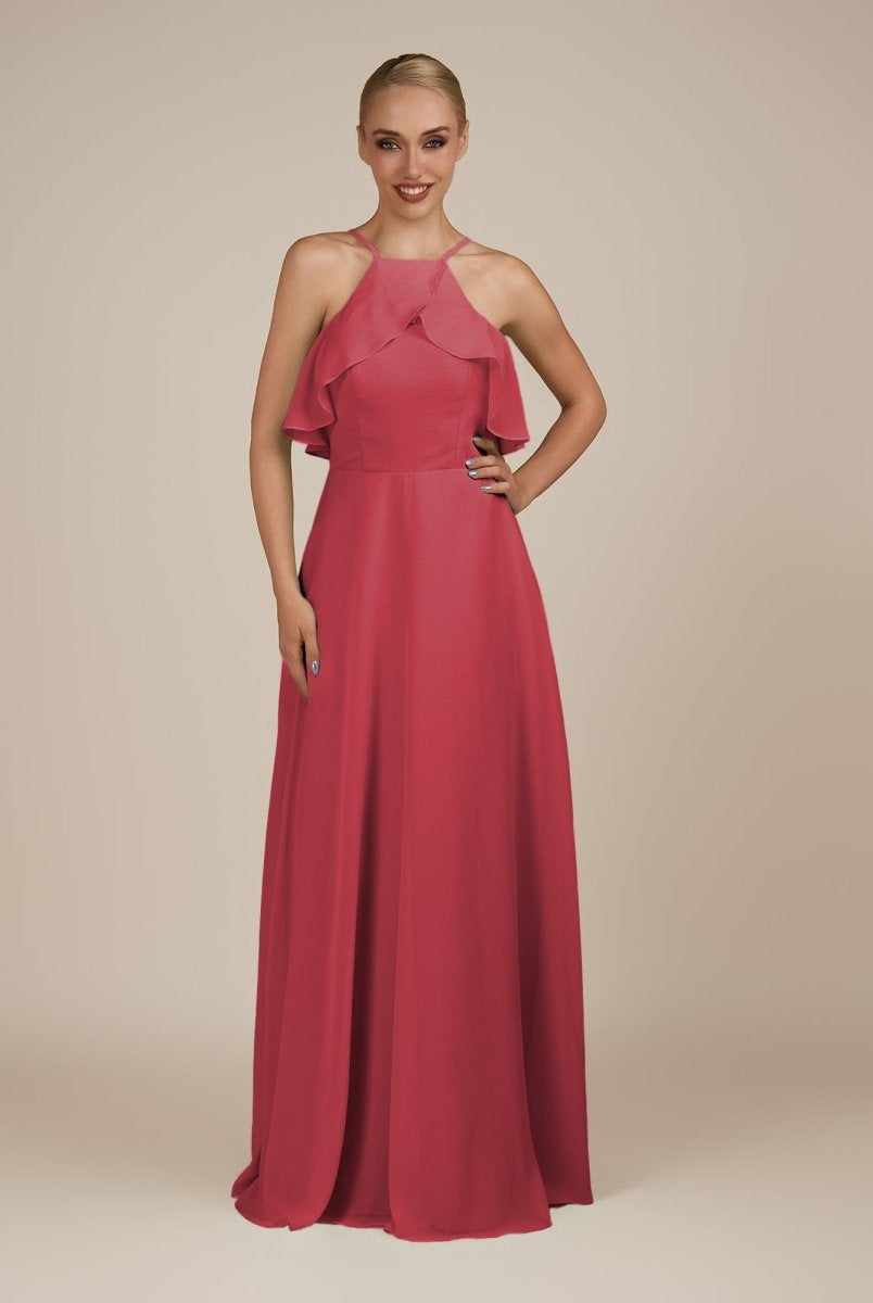 KissDress-Wynne Merlot A Line Chiffon Halter Neck Ruffled Overlay Long Bridesmaid Dress