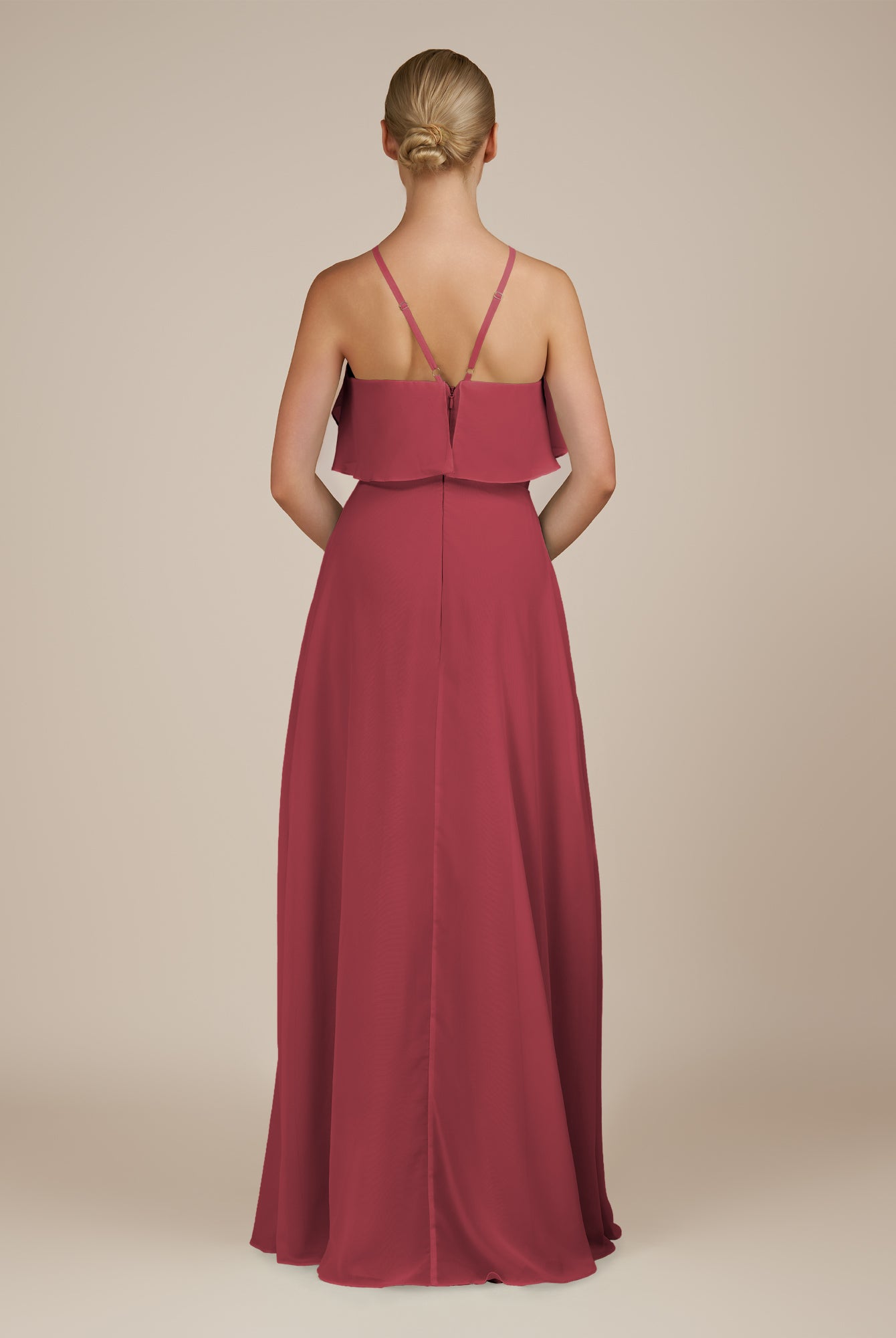 KissDress-Wynne Merlot A Line Chiffon Halter Neck Ruffled Overlay Long Bridesmaid Dress