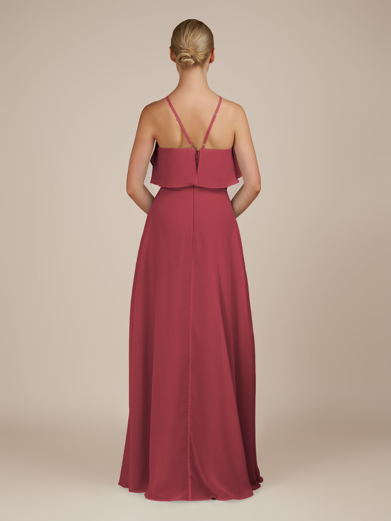 KissDress-Wynne Merlot A Line Chiffon Halter Neck Ruffled Overlay Long Bridesmaid Dress