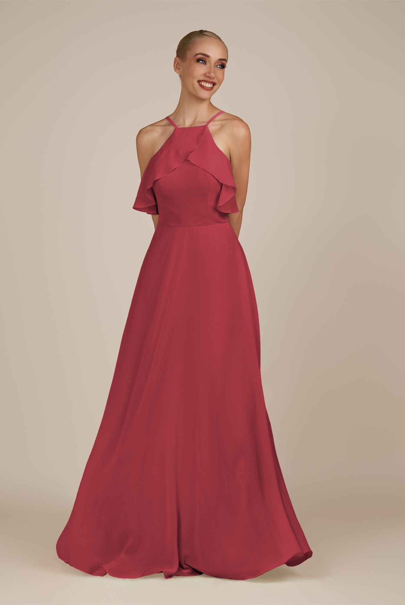 KissDress-Wynne Merlot A Line Chiffon Halter Neck Ruffled Overlay Long Bridesmaid Dress
