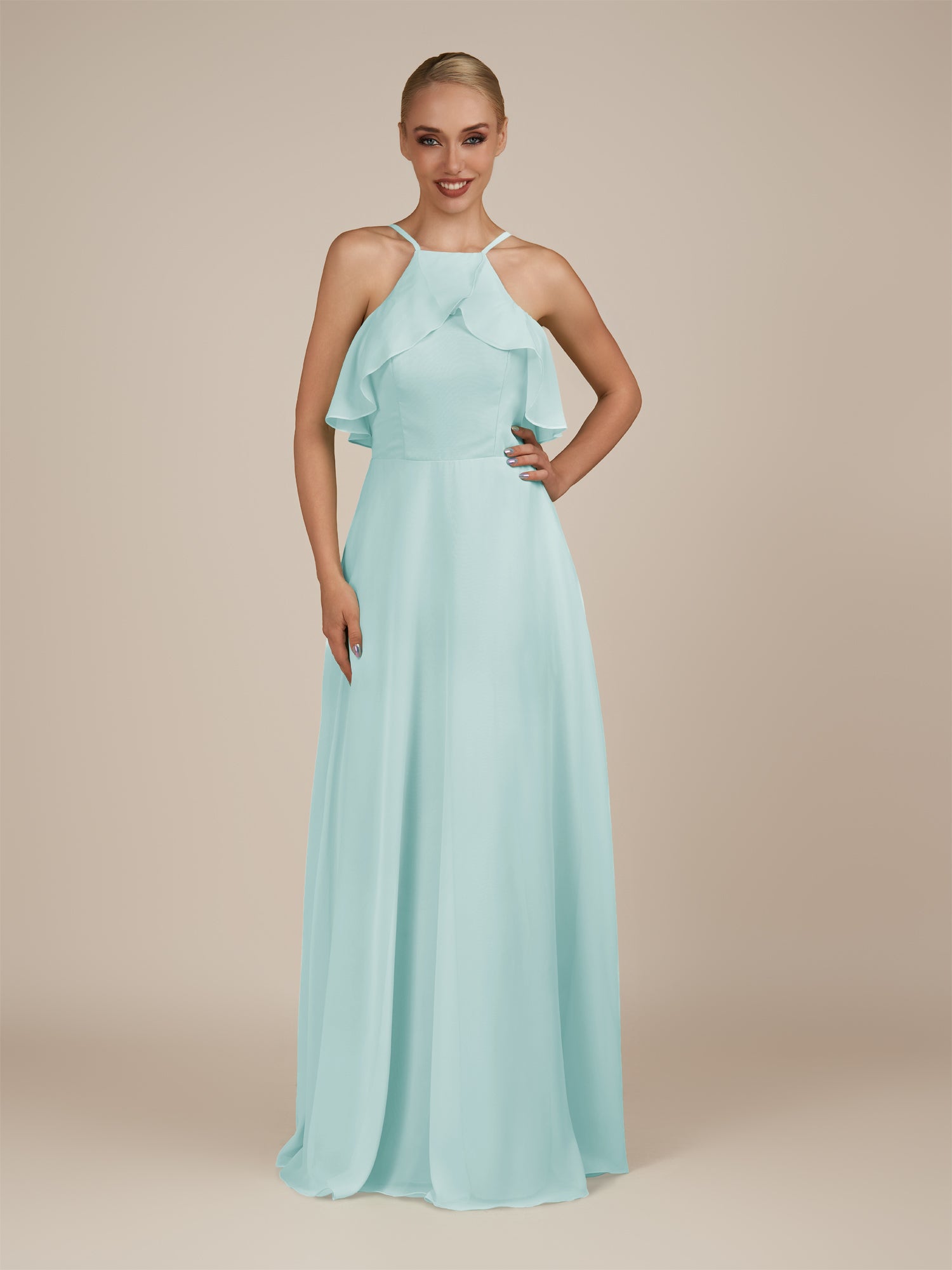 KissDress-Wynne Mist A Line Chiffon Halter Neck Ruffled Overlay Long Bridesmaid Dress