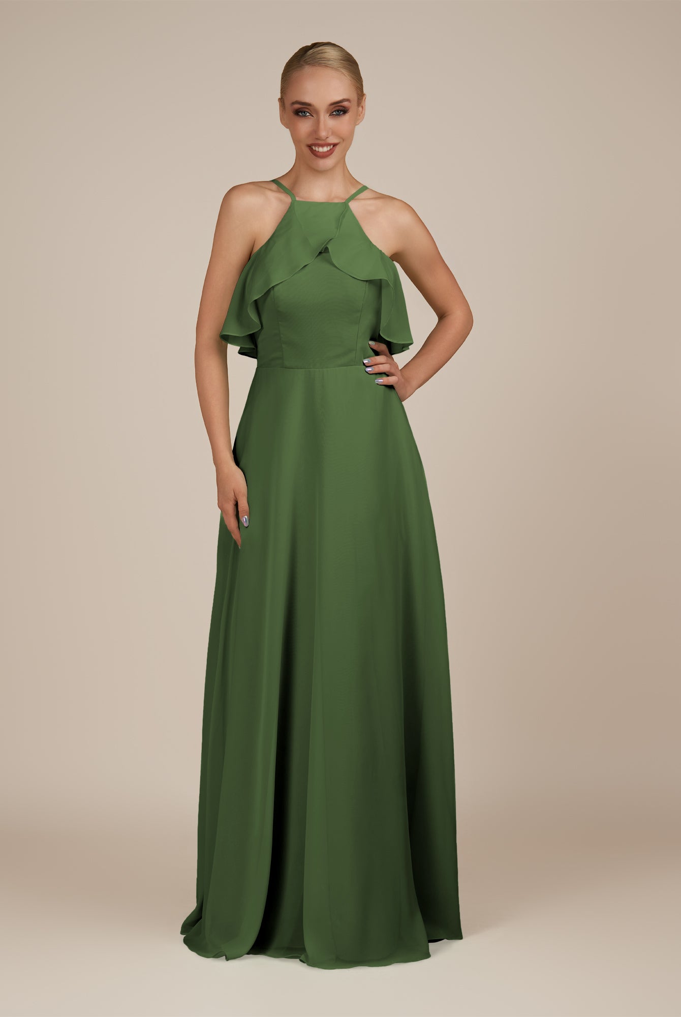 KissDress-Wynne Moss A Line Chiffon Halter Neck Ruffled Overlay Long Bridesmaid Dress