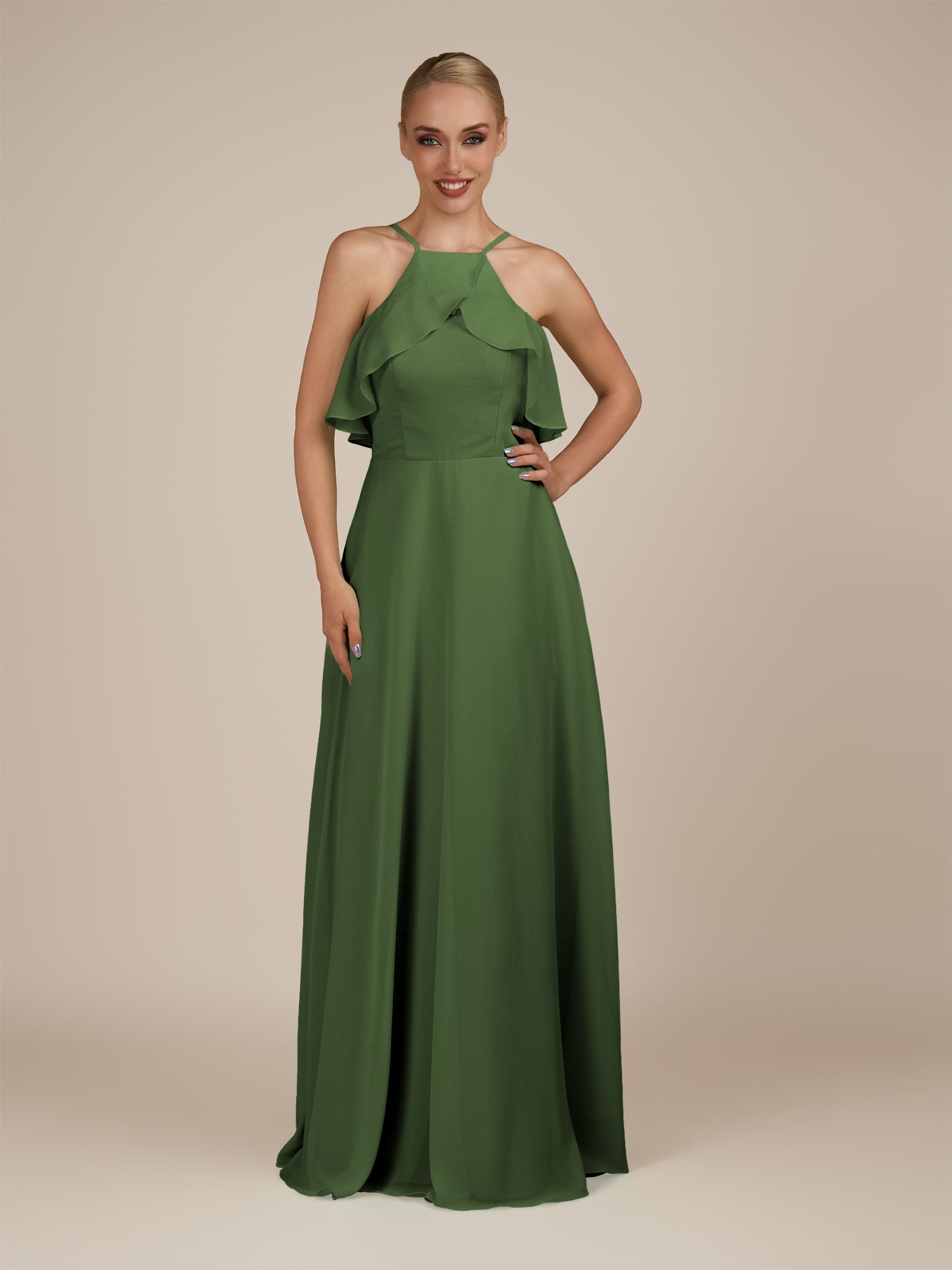 KissDress-Wynne Moss A Line Chiffon Halter Neck Ruffled Overlay Long Bridesmaid Dress