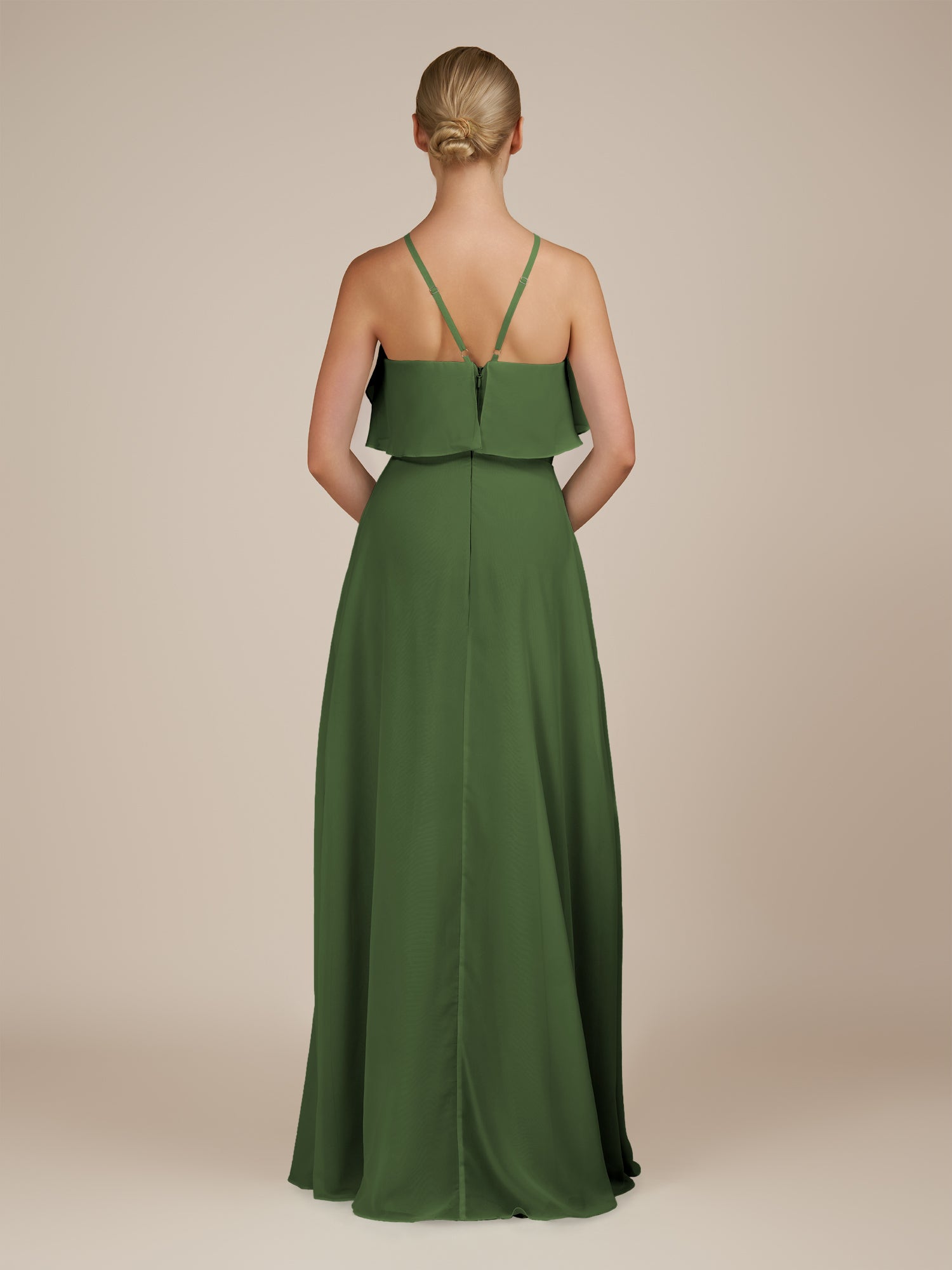 KissDress-Wynne Moss A Line Chiffon Halter Neck Ruffled Overlay Long Bridesmaid Dress
