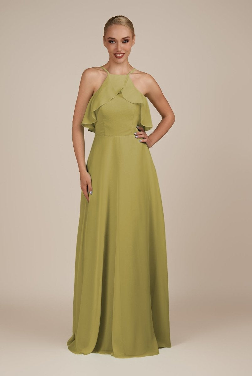 KissDress-Wynne Moss Green A Line Chiffon Halter Neck Ruffled Overlay Long Bridesmaid Dress