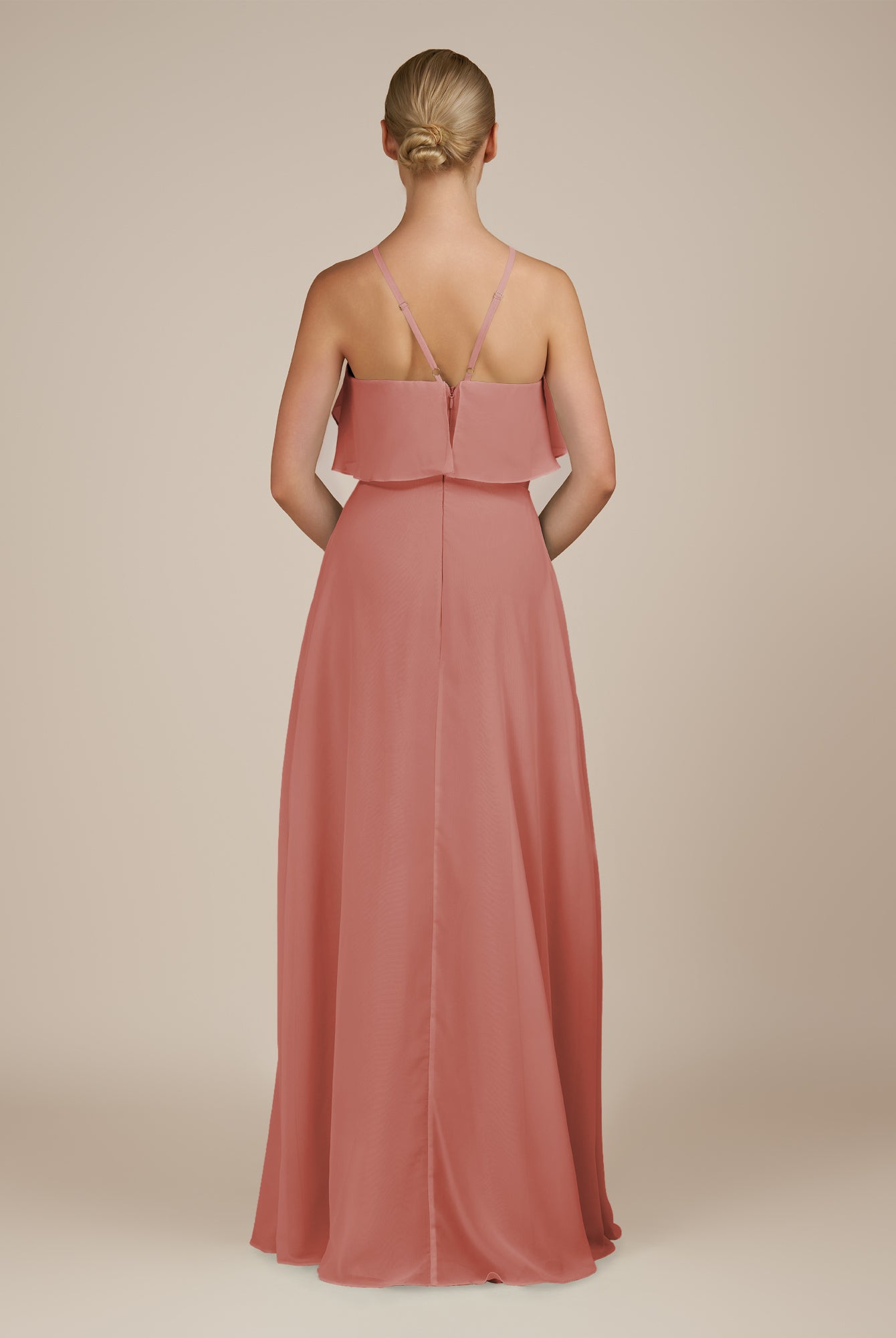 KissDress-Wynne Mulberry A Line Chiffon Halter Neck Ruffled Overlay Long Bridesmaid Dress