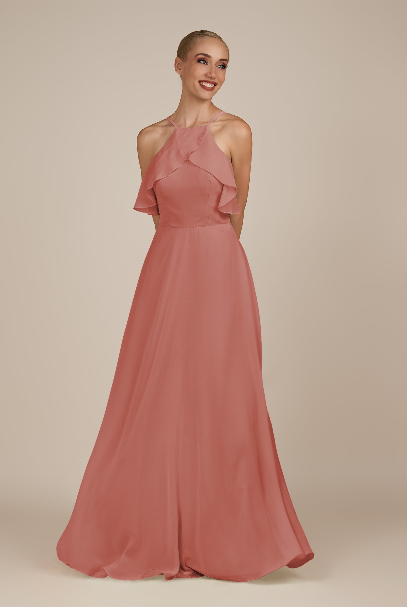 KissDress-Wynne Mulberry A Line Chiffon Halter Neck Ruffled Overlay Long Bridesmaid Dress