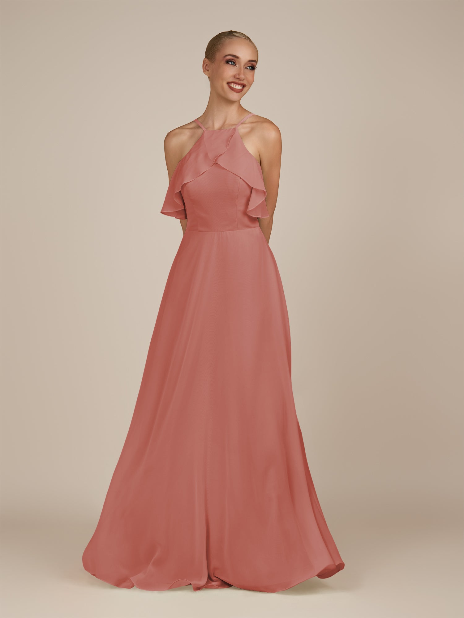 KissDress-Wynne Mulberry A Line Chiffon Halter Neck Ruffled Overlay Long Bridesmaid Dress