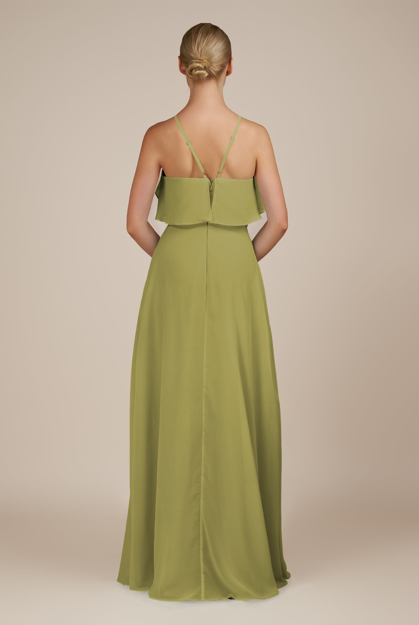 KissDress-Wynne Moss Green A Line Chiffon Halter Neck Ruffled Overlay Long Bridesmaid Dress