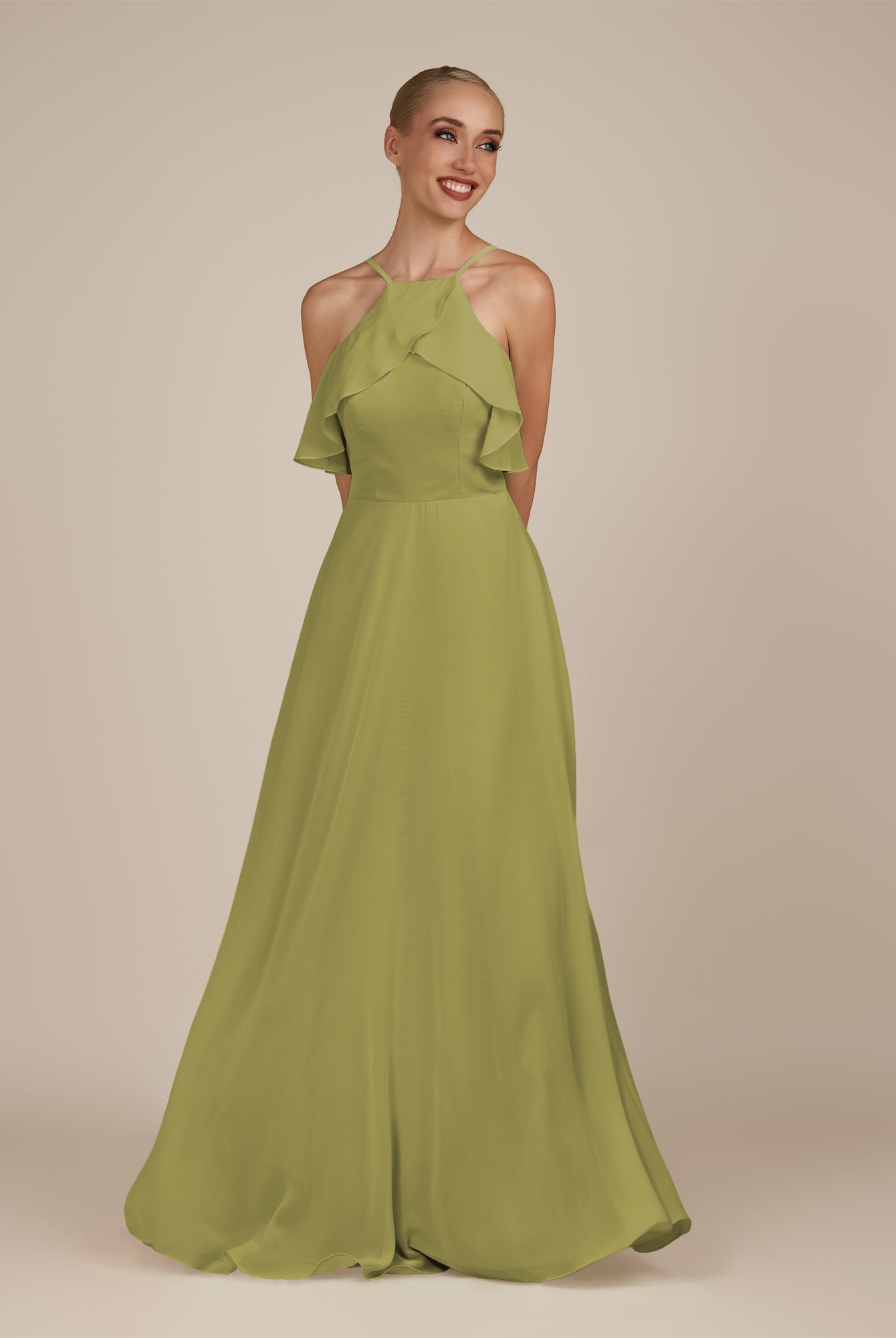 KissDress-Wynne Moss Green A Line Chiffon Halter Neck Ruffled Overlay Long Bridesmaid Dress