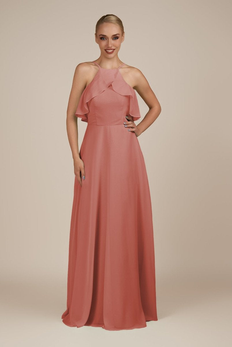 KissDress-Wynne Mulberry A Line Chiffon Halter Neck Ruffled Overlay Long Bridesmaid Dress