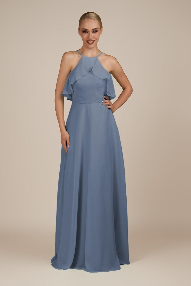 KissDress-Wynne Neptune A Line Chiffon Halter Neck Ruffled Overlay Long Bridesmaid Dress
