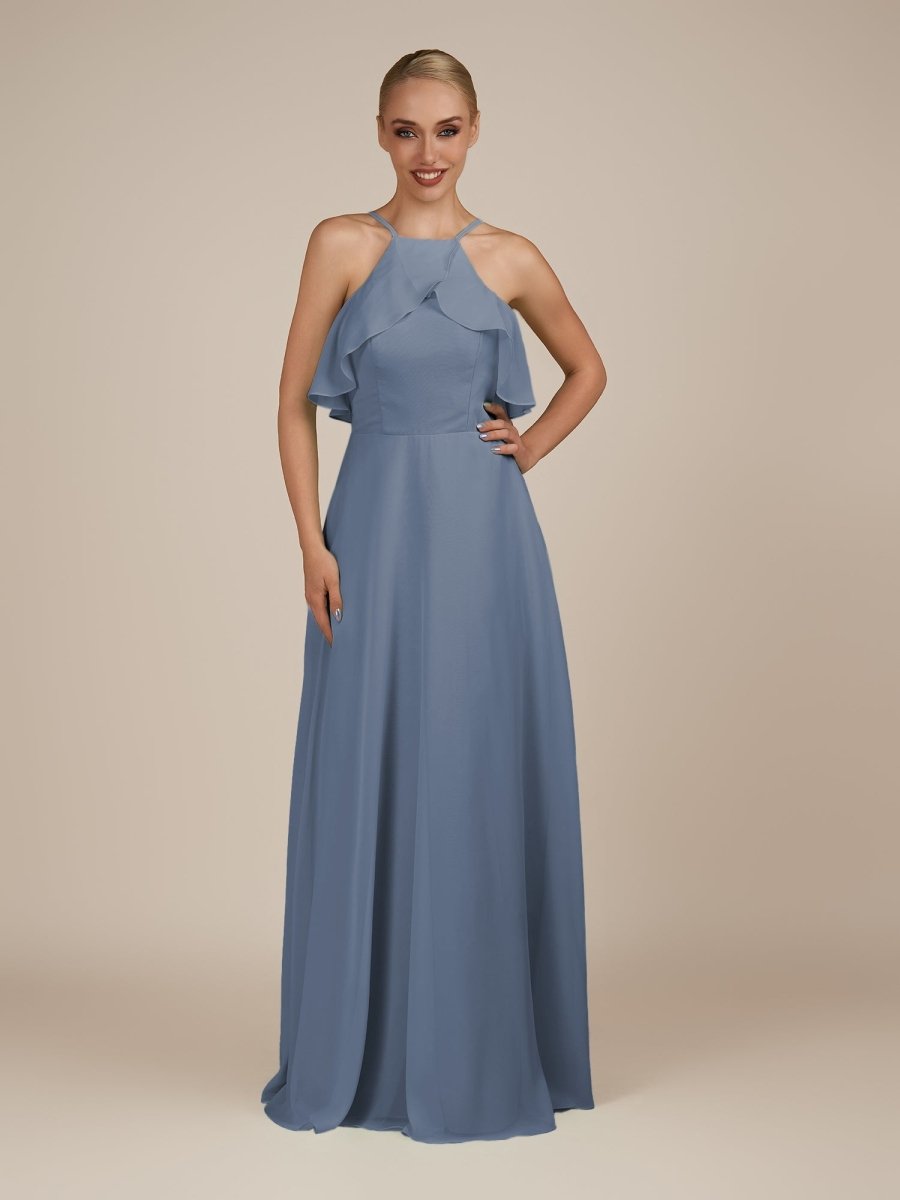 KissDress-Wynne Neptune A Line Chiffon Halter Neck Ruffled Overlay Long Bridesmaid Dress