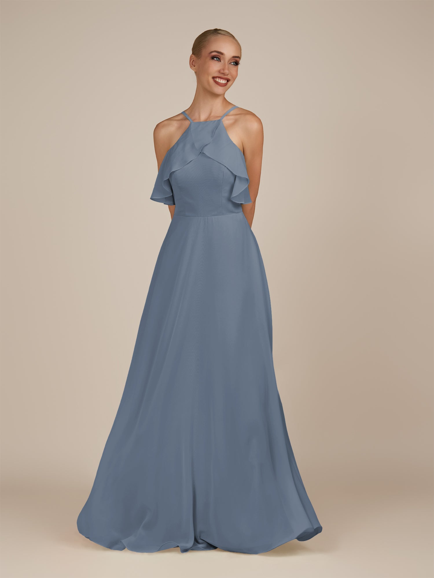 KissDress-Wynne Neptune A Line Chiffon Halter Neck Ruffled Overlay Long Bridesmaid Dress