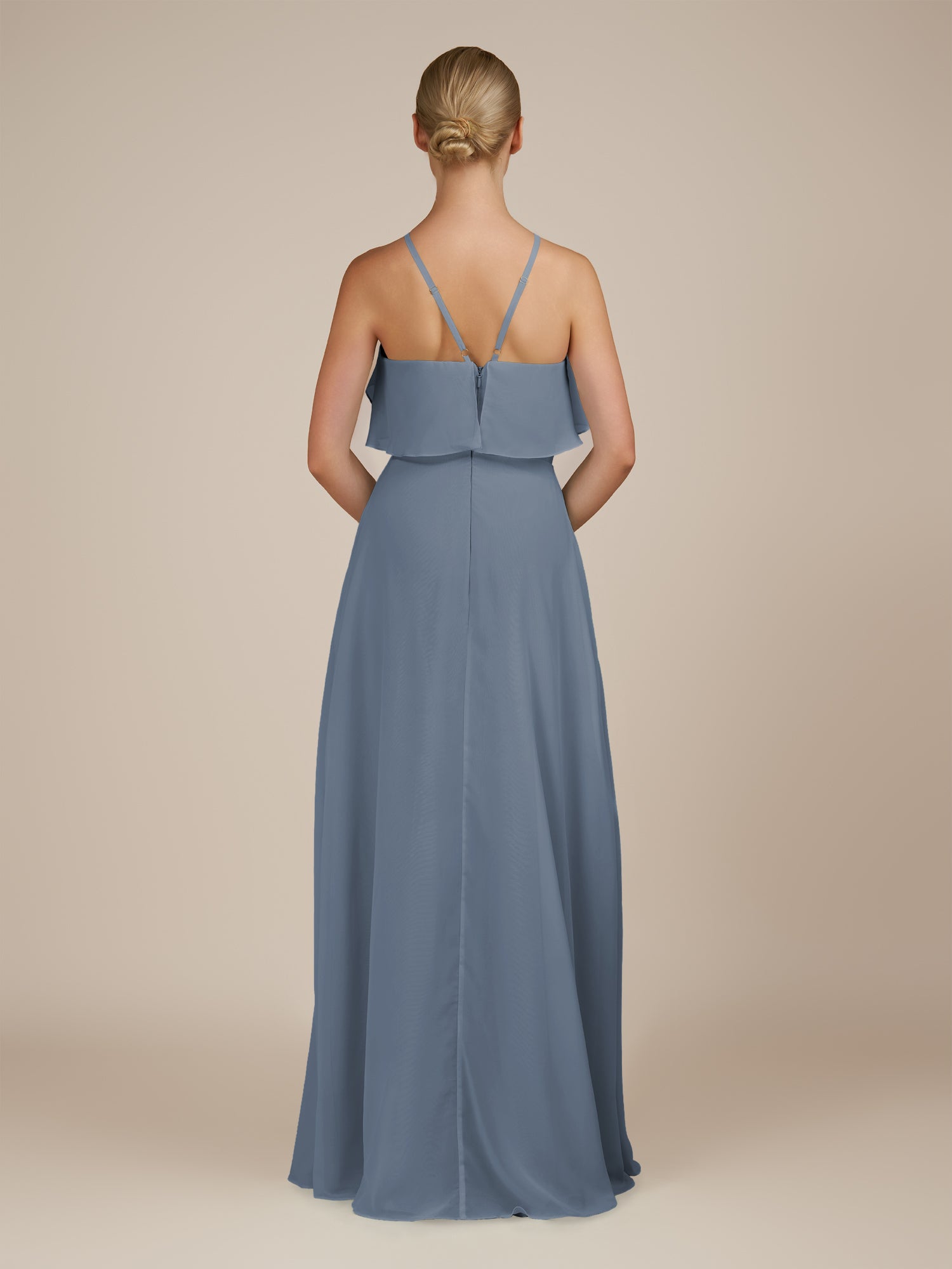 KissDress-Wynne Neptune A Line Chiffon Halter Neck Ruffled Overlay Long Bridesmaid Dress