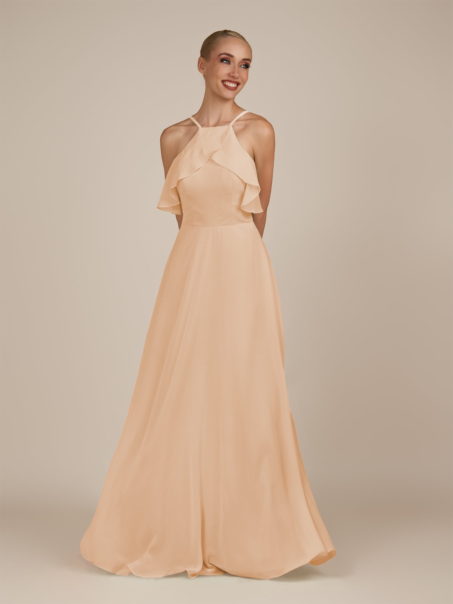 KissDress-Wynne Neutral Champagne A Line Chiffon Halter Neck Ruffled Overlay Long Bridesmaid Dress