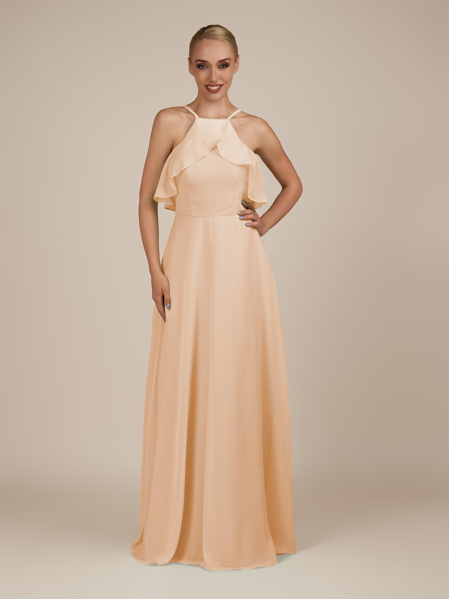 KissDress-Wynne Neutral Champagne A Line Chiffon Halter Neck Ruffled Overlay Long Bridesmaid Dress
