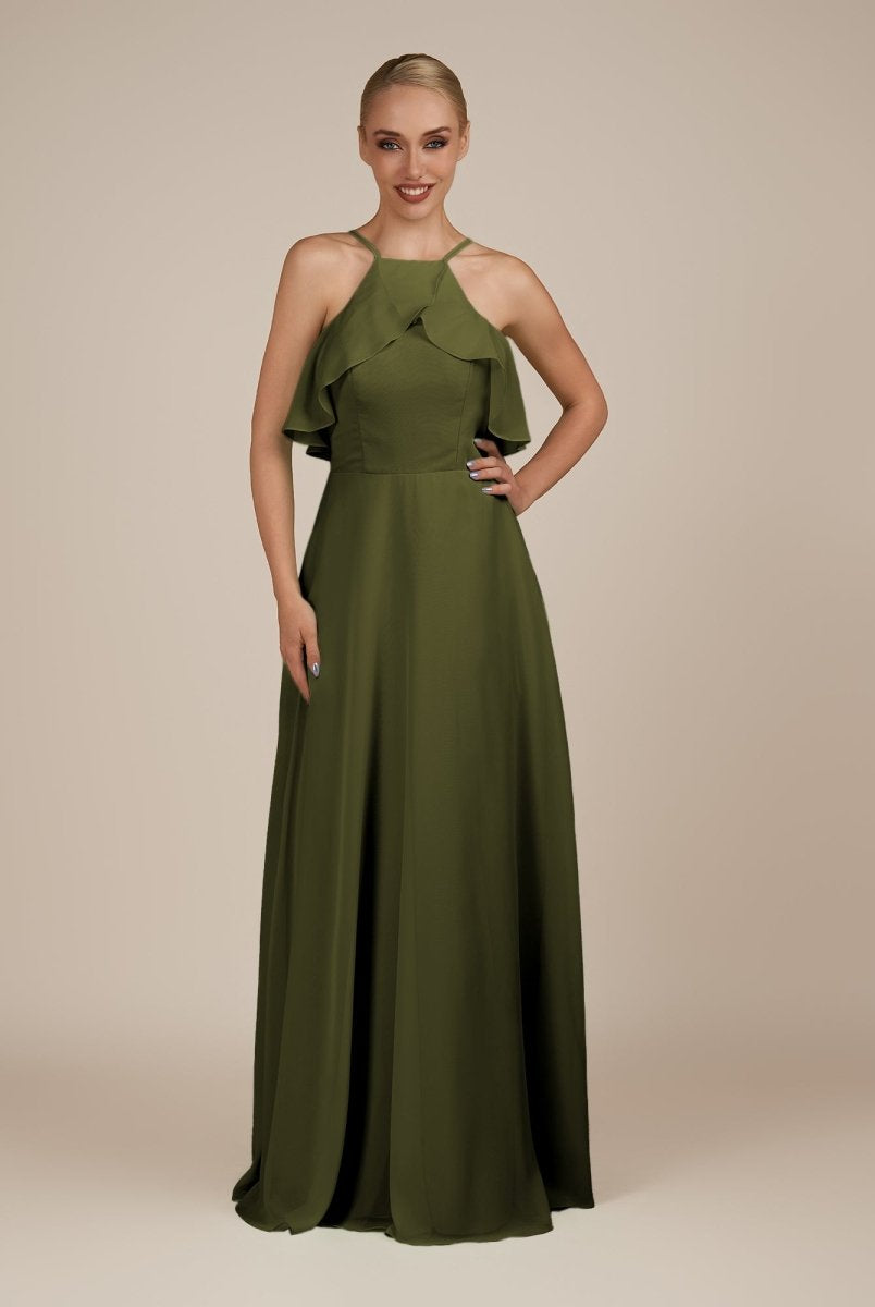 KissDress-Wynne Olive A Line Chiffon Halter Neck Ruffled Overlay Long Bridesmaid Dress