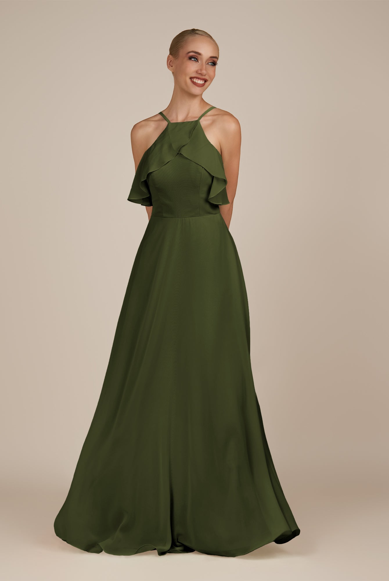 KissDress-Wynne Olive A Line Chiffon Halter Neck Ruffled Overlay Long Bridesmaid Dress