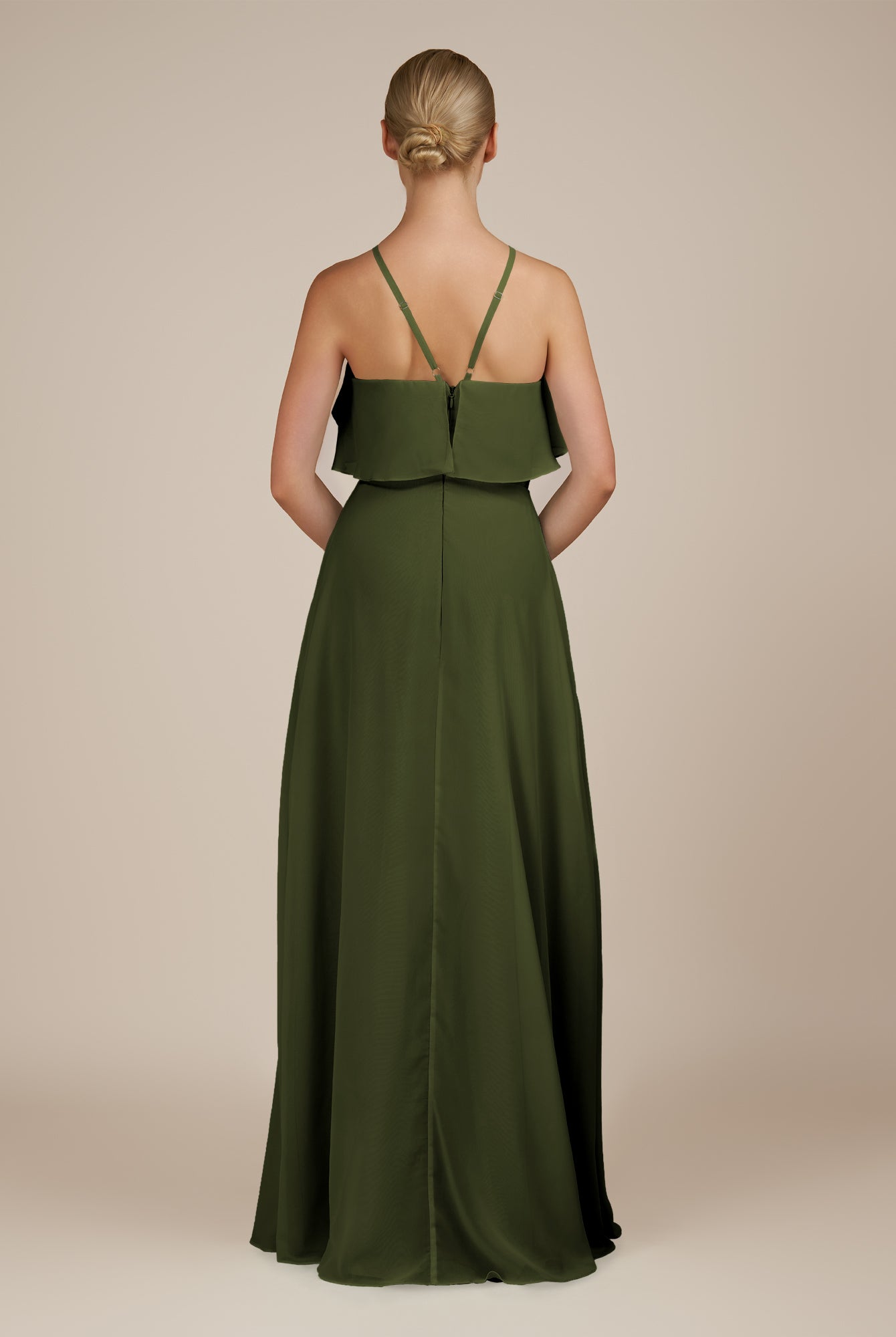 KissDress-Wynne Olive A Line Chiffon Halter Neck Ruffled Overlay Long Bridesmaid Dress