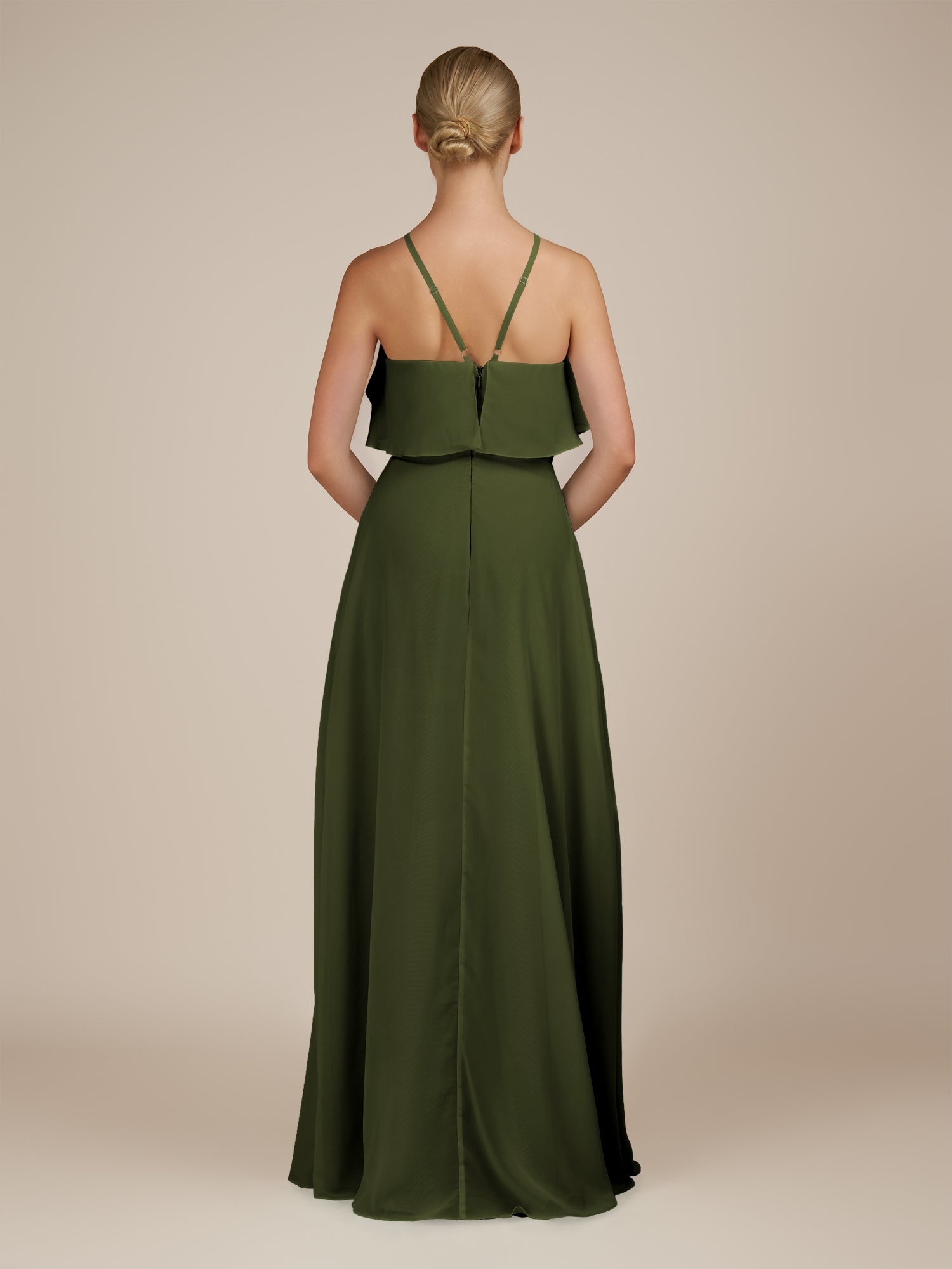 KissDress-Wynne Olive A Line Chiffon Halter Neck Ruffled Overlay Long Bridesmaid Dress