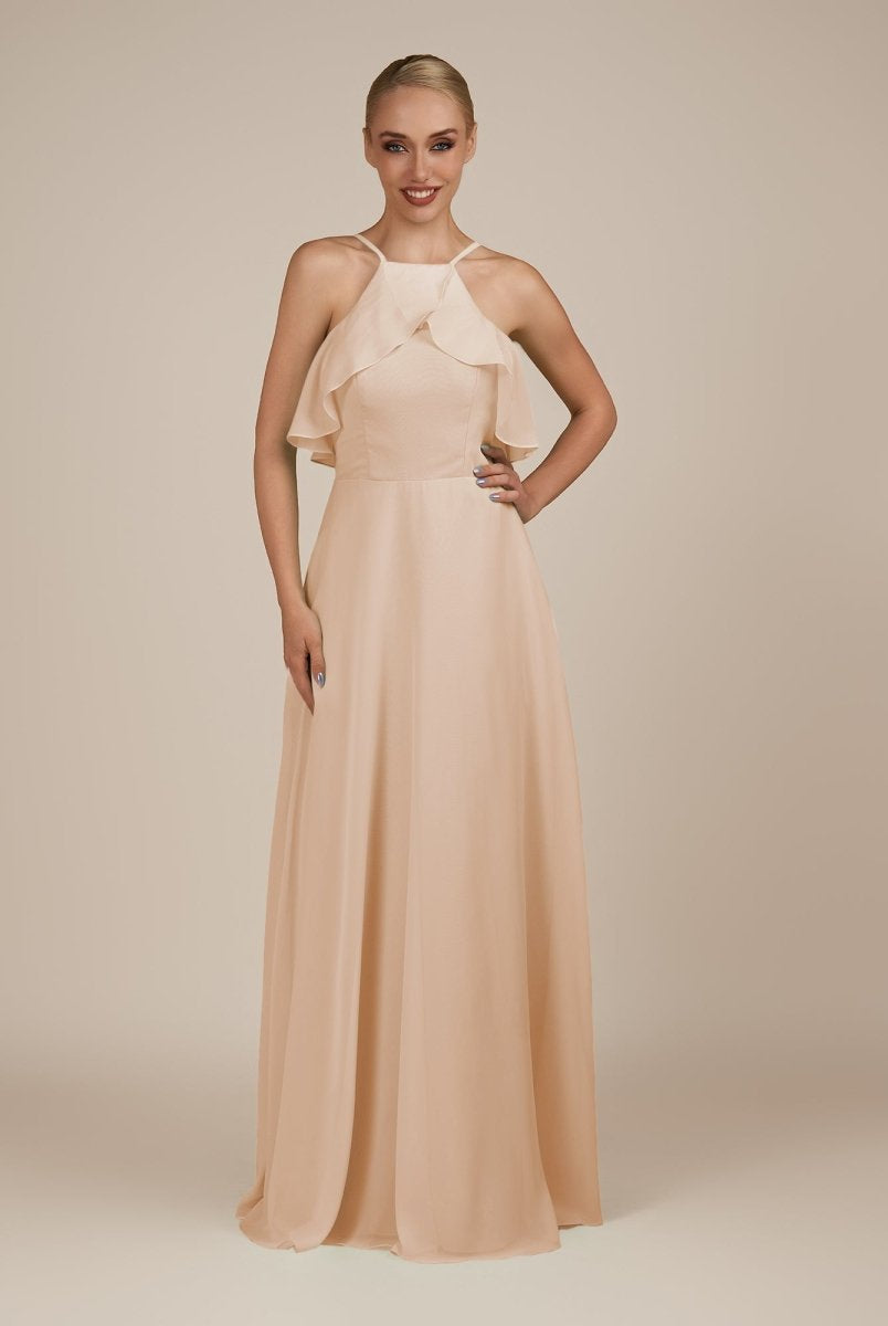 KissDress-Wynne Pale Blush A Line Chiffon Halter Neck Ruffled Overlay Long Bridesmaid Dress