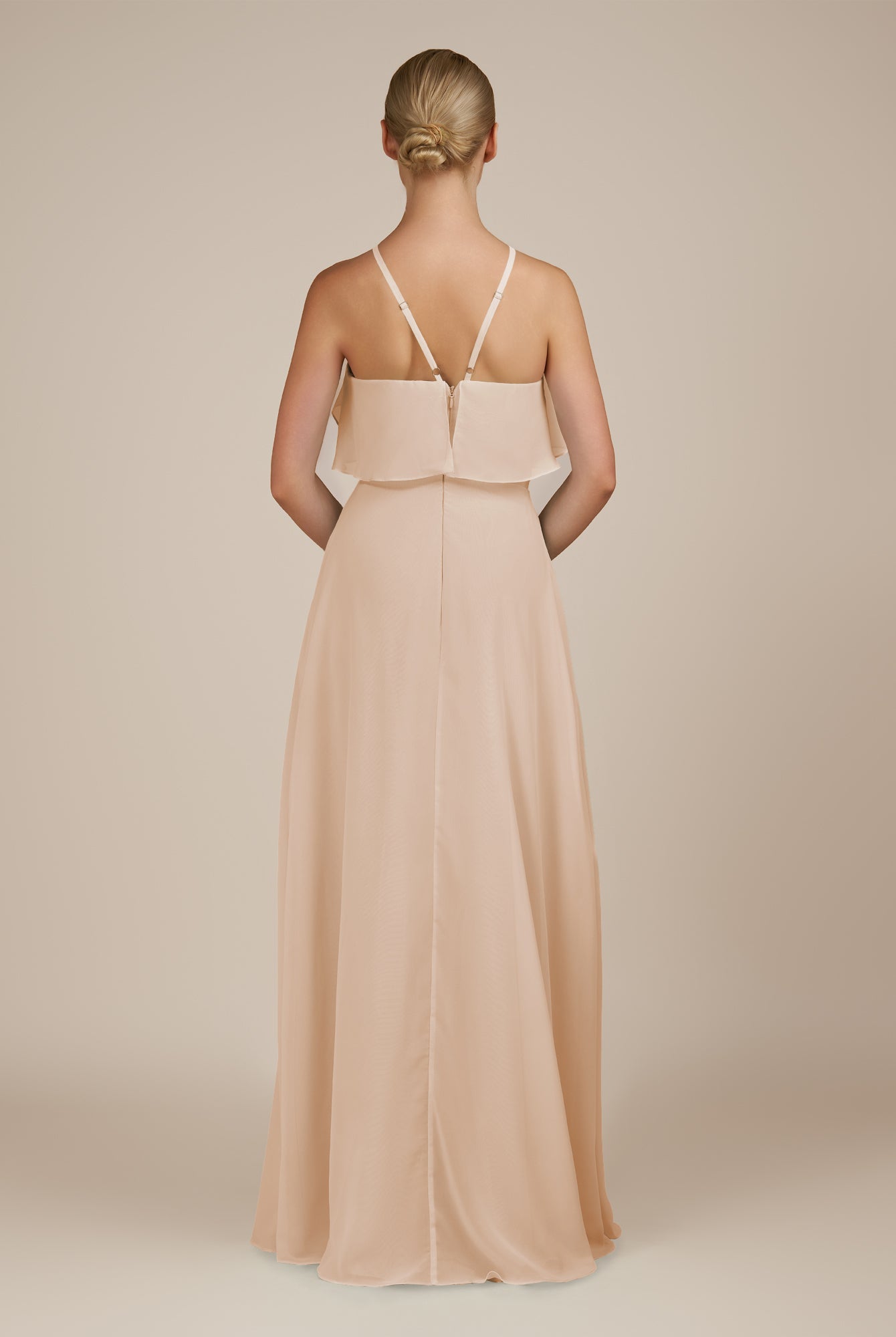 KissDress-Wynne Pale Blush A Line Chiffon Halter Neck Ruffled Overlay Long Bridesmaid Dress