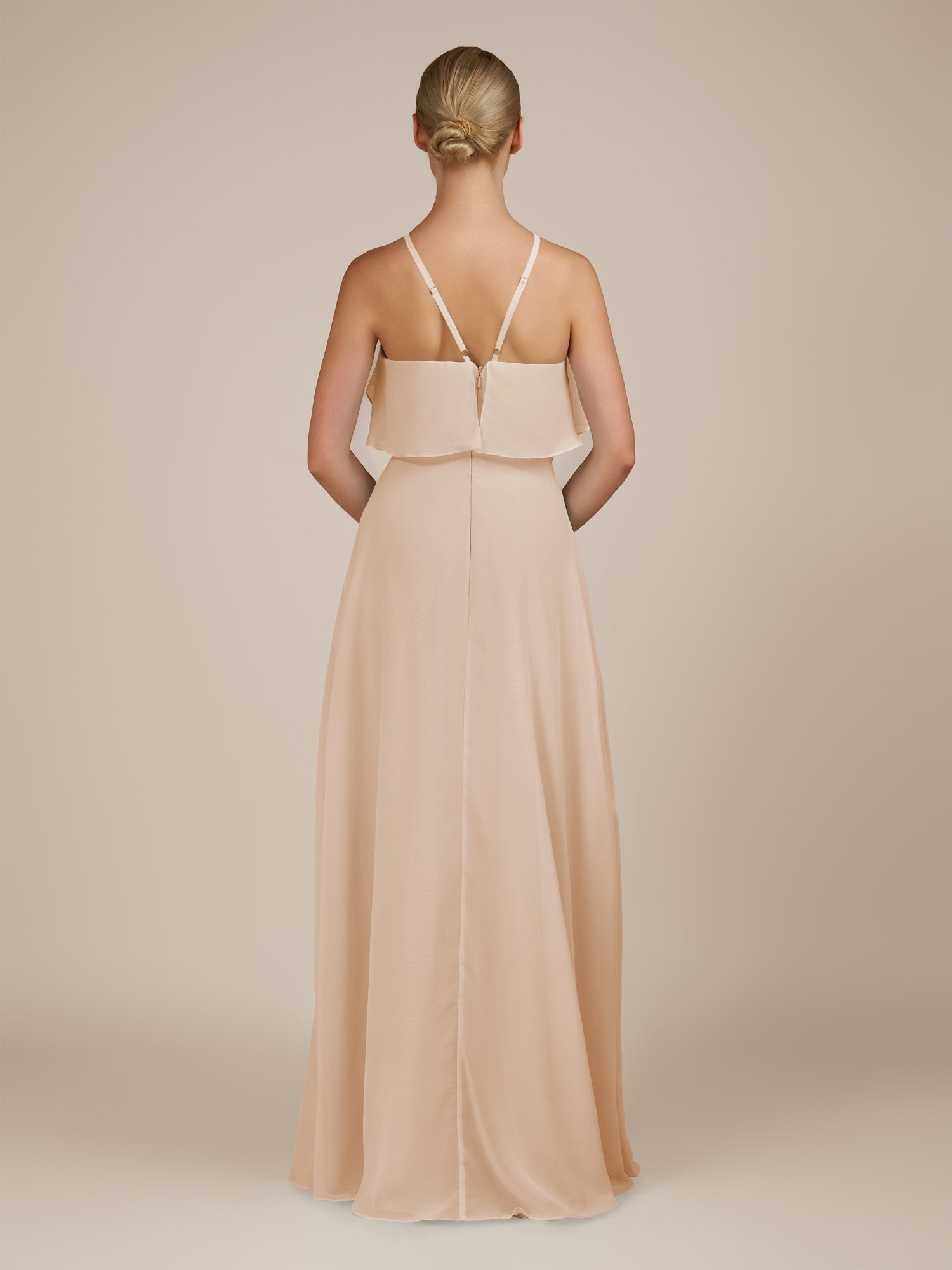 KissDress-Wynne Pale Blush A Line Chiffon Halter Neck Ruffled Overlay Long Bridesmaid Dress