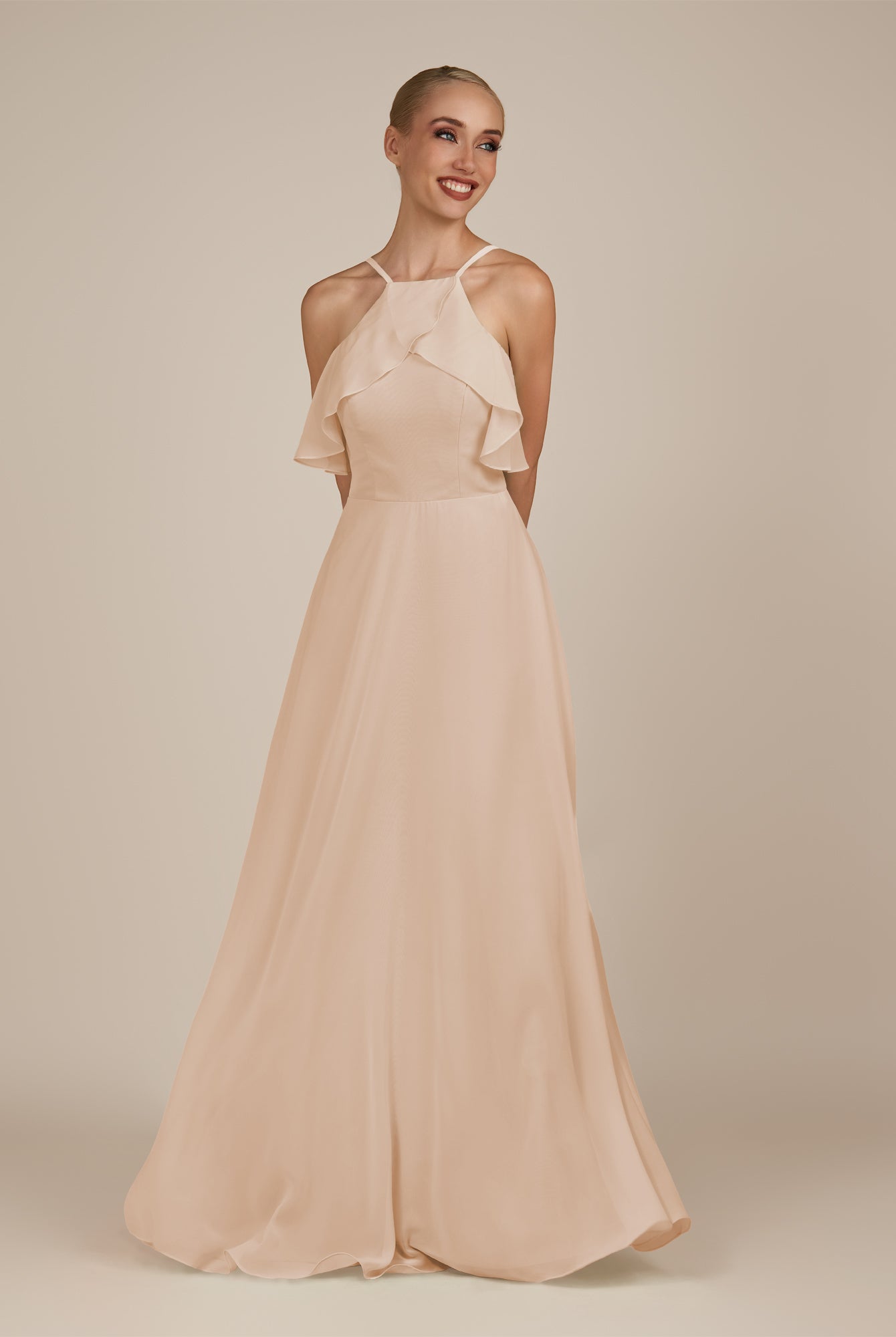 KissDress-Wynne Pale Blush A Line Chiffon Halter Neck Ruffled Overlay Long Bridesmaid Dress