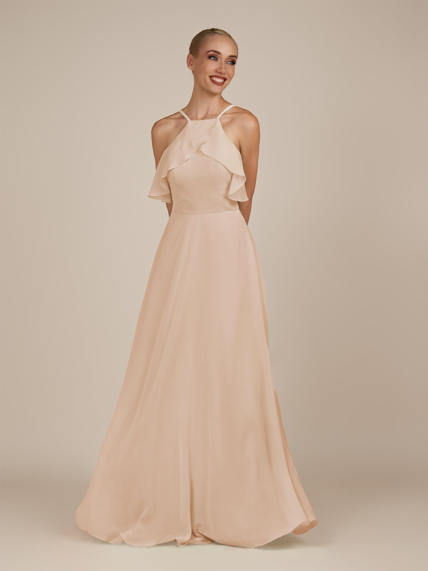 KissDress-Wynne Pale Blush A Line Chiffon Halter Neck Ruffled Overlay Long Bridesmaid Dress
