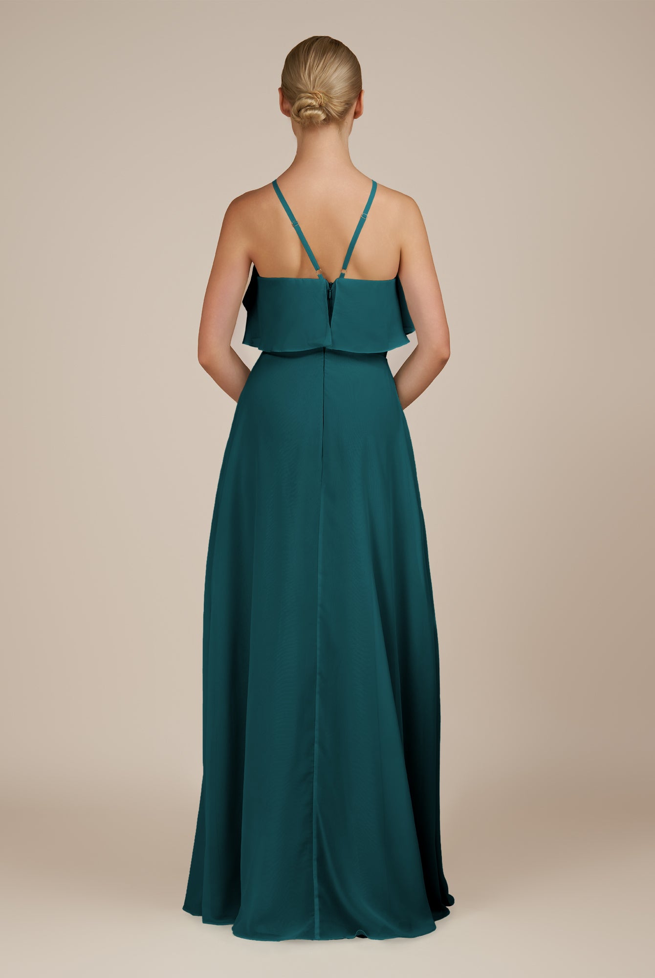 KissDress-Wynne Pine A Line Chiffon Halter Neck Ruffled Overlay Long Bridesmaid Dress